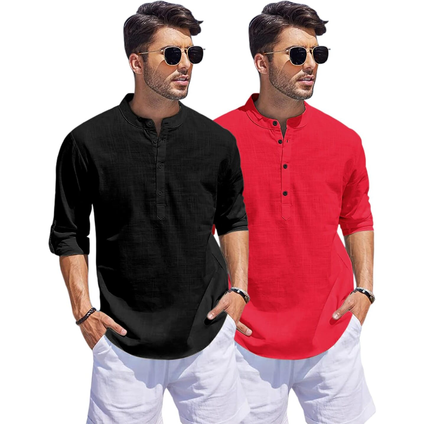 Bellstone Men's Cotton Blend Solid Regular Dress Shirt (Kurta1500_Combo_Black & Red_L