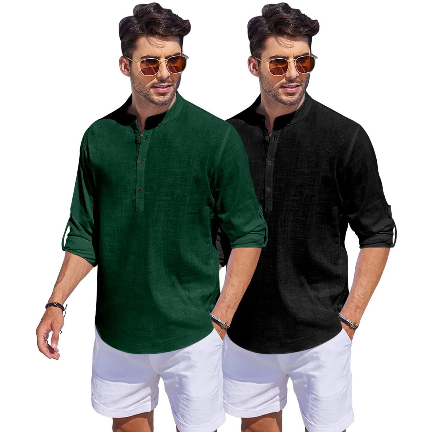 Bellstone Men's Cotton Blend Solid Regular Fit Dress Shirt (Kurta1500_Combo_D Green & Black_Xl_Dark