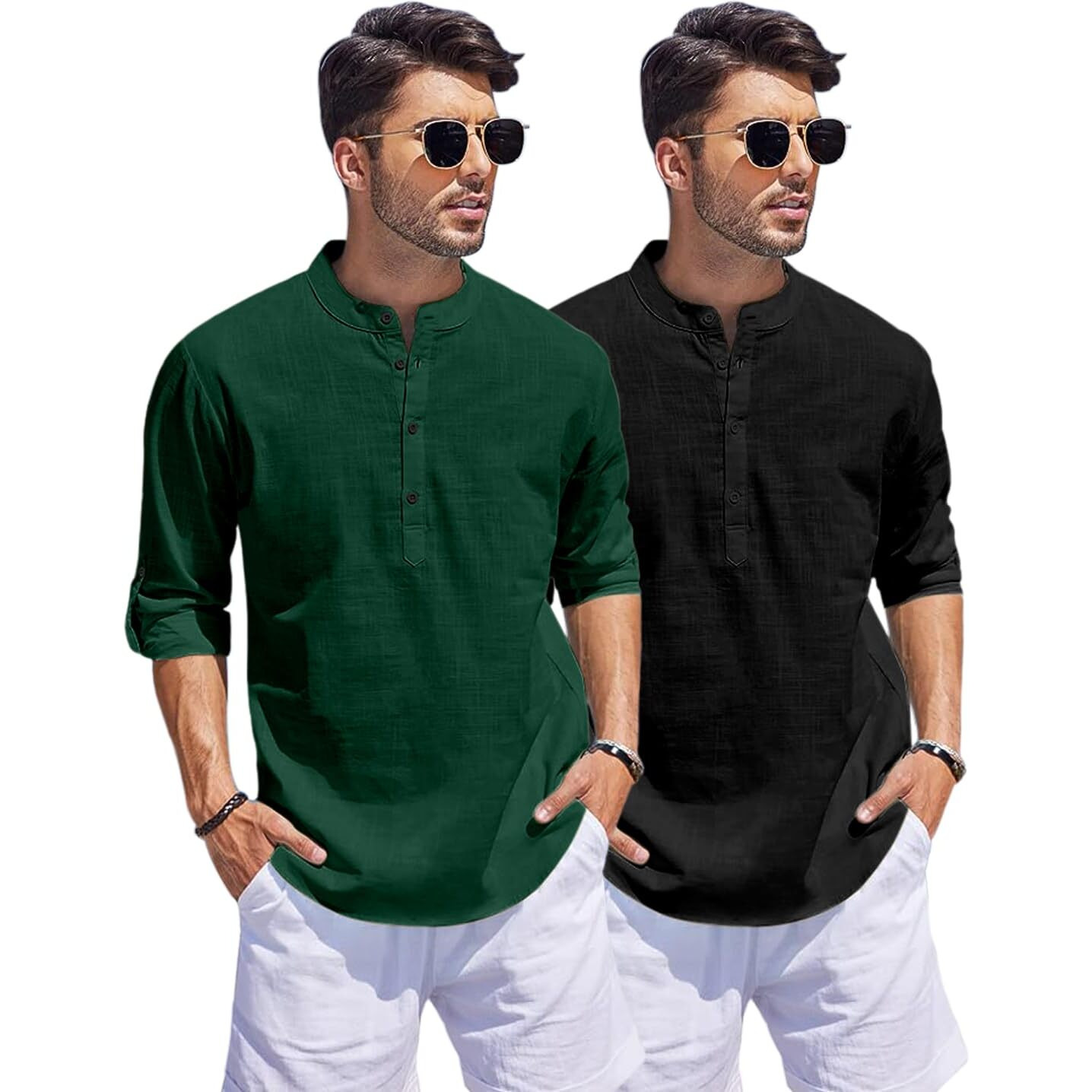 Bellstone Men's Cotton Blend Solid Regular Fit Dress Shirt (Kurta1500_Combo_D Green & Black_Xl_Dark