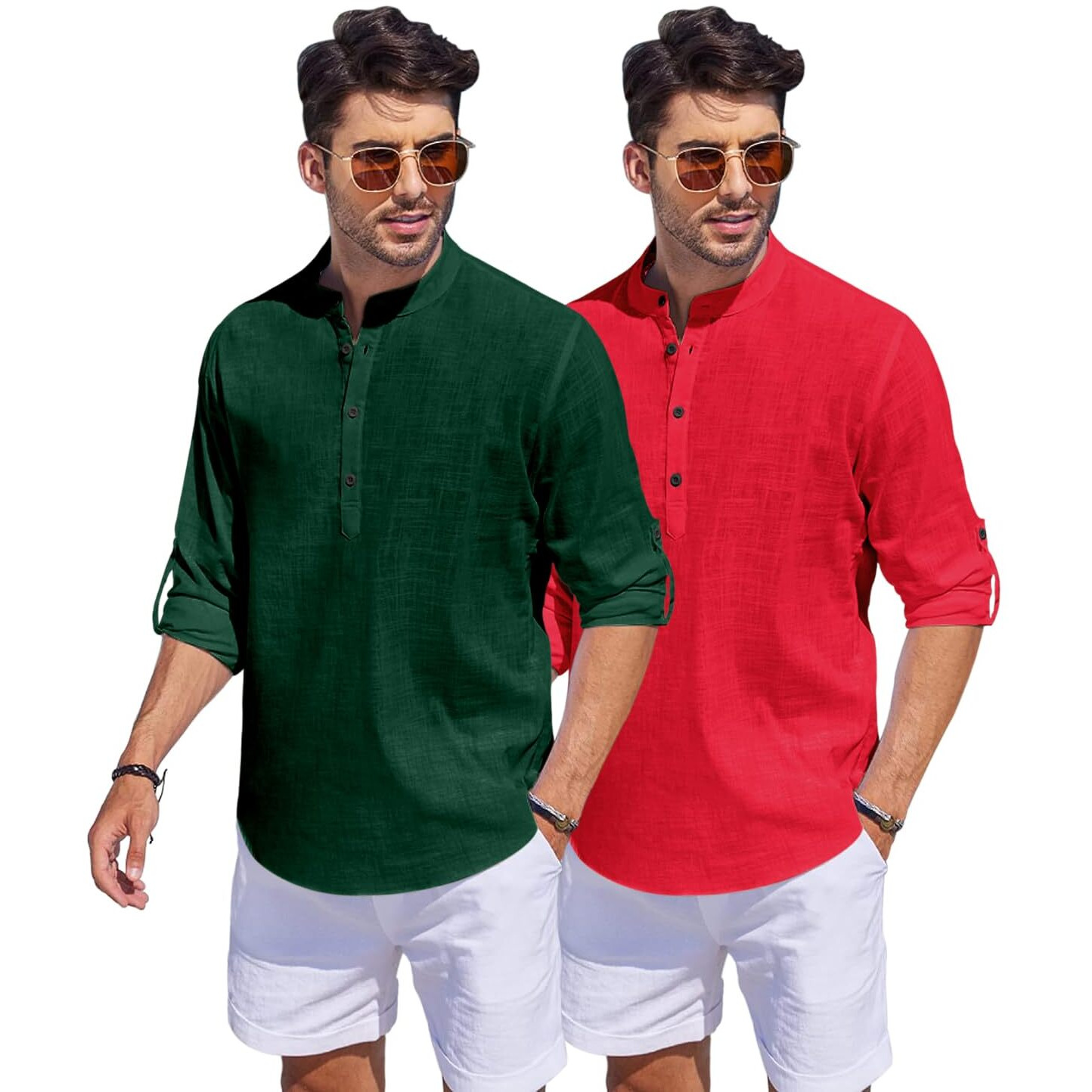 Bellstone Men's Cotton Blend Solid Regular Fit Dress Shirt (Kurta1500_Combo_D Green & Red_M_Dark