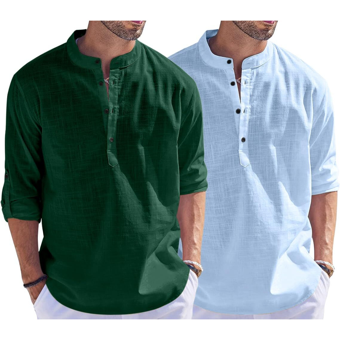 Bellstone Men's Cotton Blend Solid Regular Dress Shirt (Kurta1500_Combo_D Green & Sky_S_Dark