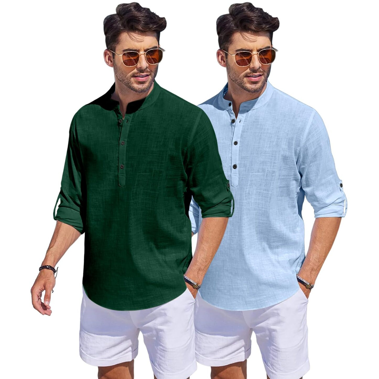 Bellstone Men's Cotton Blend Solid Regular Dress Shirt (Kurta1500_Combo_D Green & Sky_S_Dark