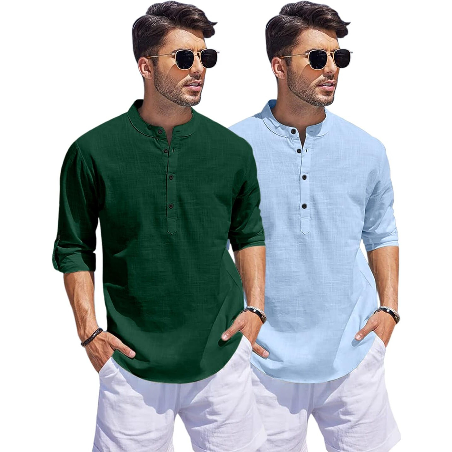 Bellstone Men's Cotton Blend Solid Regular Dress Shirt (Kurta1500_Combo_D Green & Sky_S_Dark