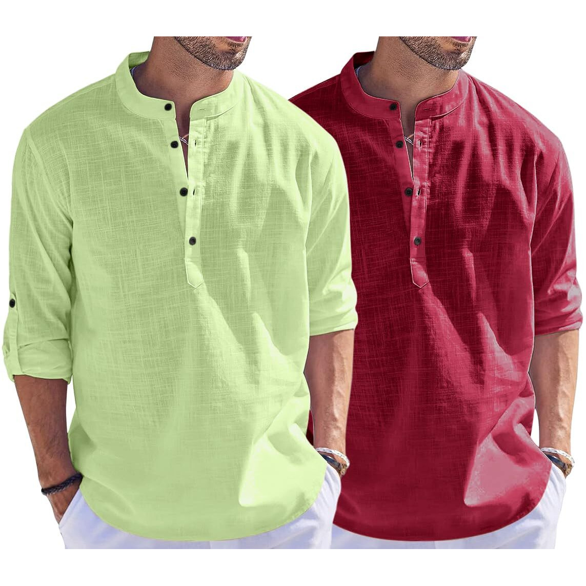 Bellstone Men's Cotton Blend Solid Regular Dress Shirt (Kurta1500_Combo_L Green & Burgundy_L_Light
