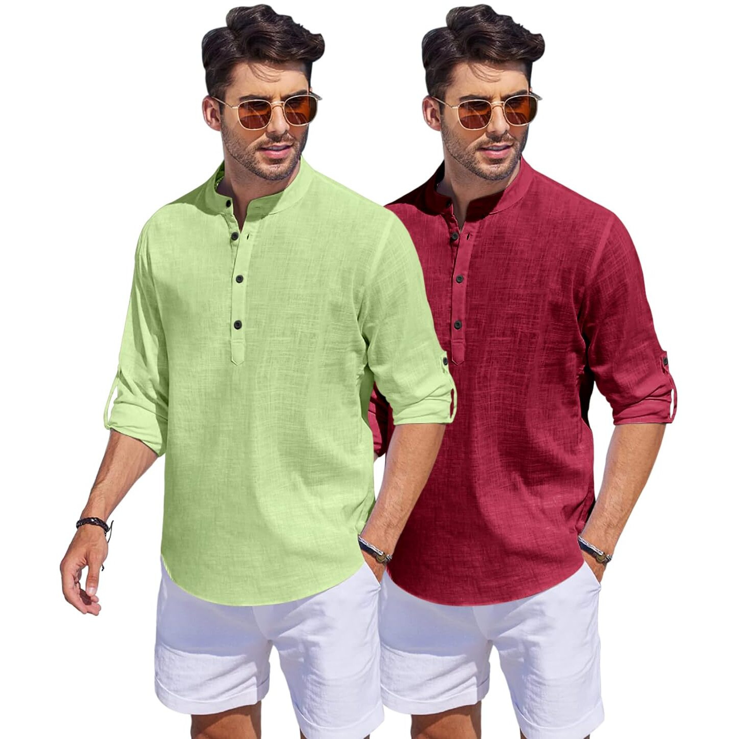 Bellstone Men's Cotton Blend Solid Regular Dress Shirt (Kurta1500_Combo_L Green & Burgundy_L_Light