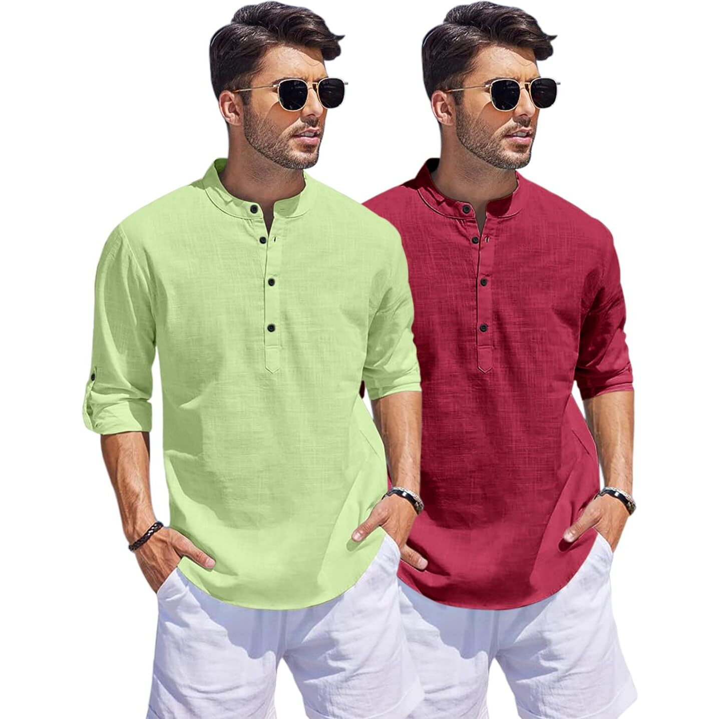 Bellstone Men's Cotton Blend Solid Regular Dress Shirt (Kurta1500_Combo_L Green & Burgundy_L_Light