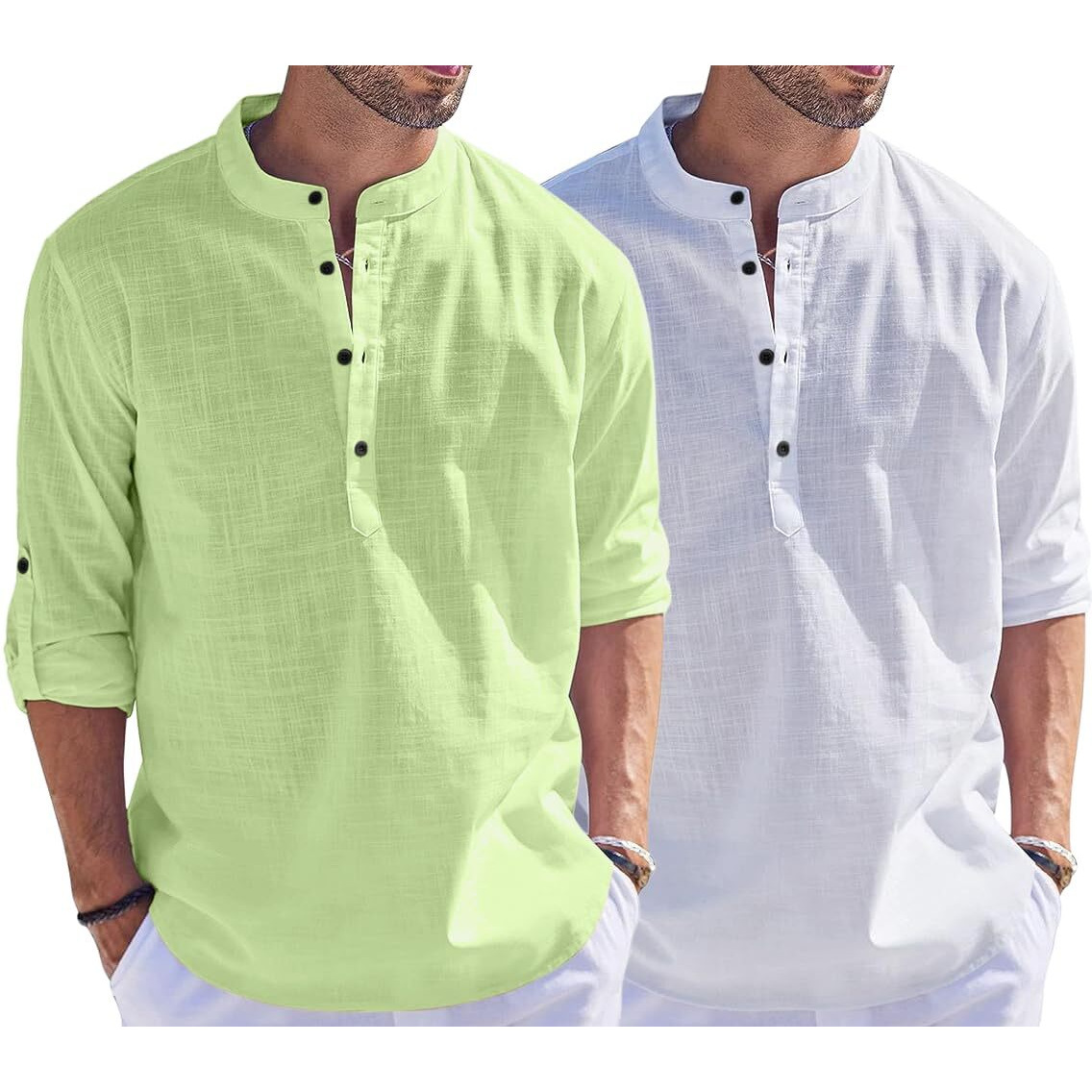 Bellstone Men's Cotton Blend Solid Regular Dress Shirt (Kurta1500_Combo_L Green & White_M_Light