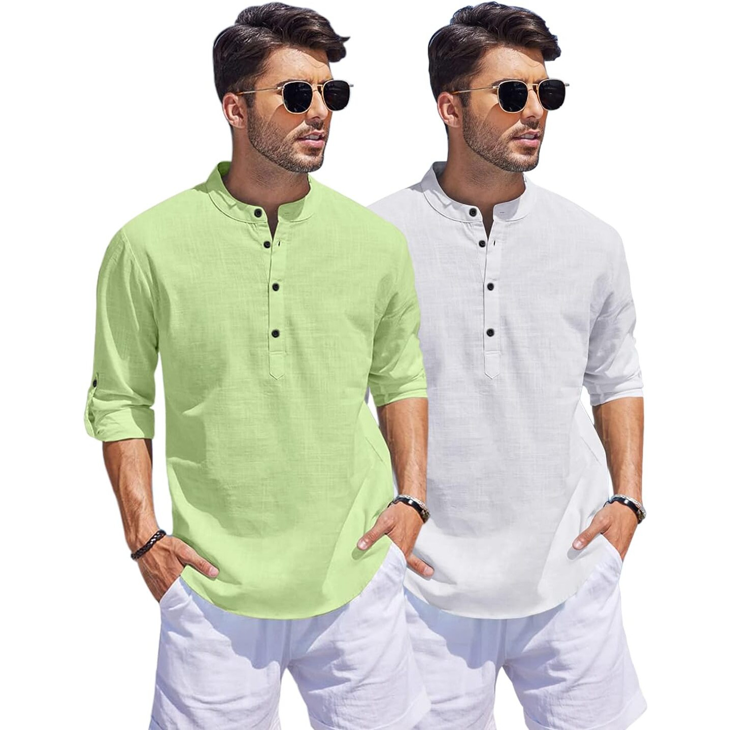 Bellstone Men's Cotton Blend Solid Regular Dress Shirt (Kurta1500_Combo_L Green & White_M_Light