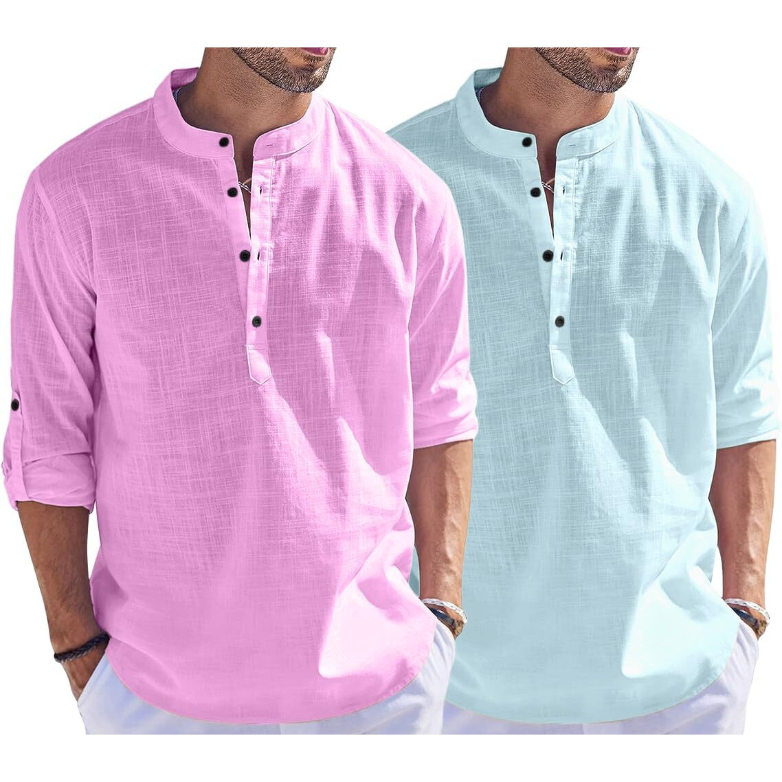 Bellstone Men's Cotton Blend Solid Regular Dress Shirt (Kurta1500_Combo_L Pink & Aqua_M_Light