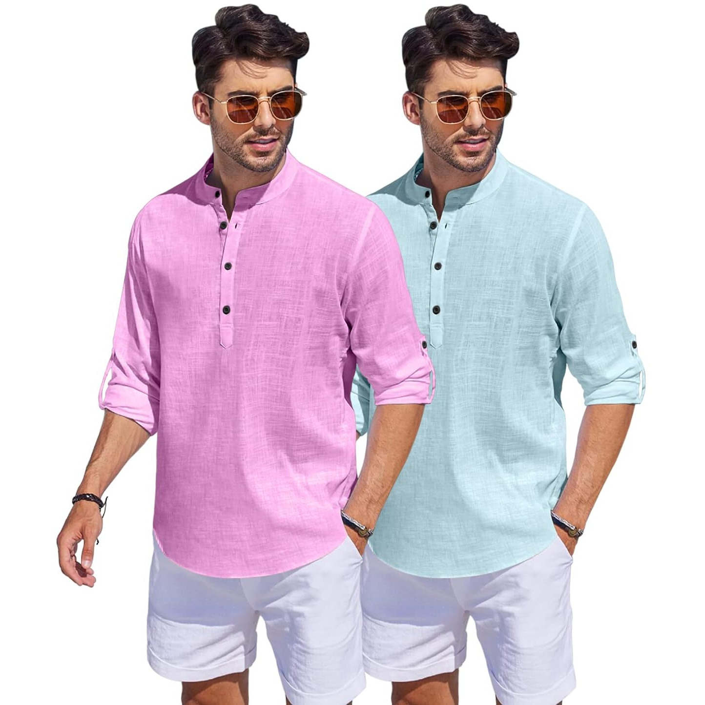 Bellstone Men's Cotton Blend Solid Regular Dress Shirt (Kurta1500_Combo_L Pink & Aqua_M_Light