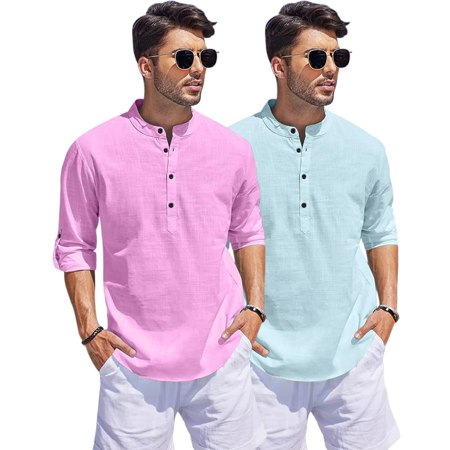 Bellstone Men's Cotton Blend Solid Regular Dress Shirt (Kurta1500_Combo_L Pink & Aqua_M_Light