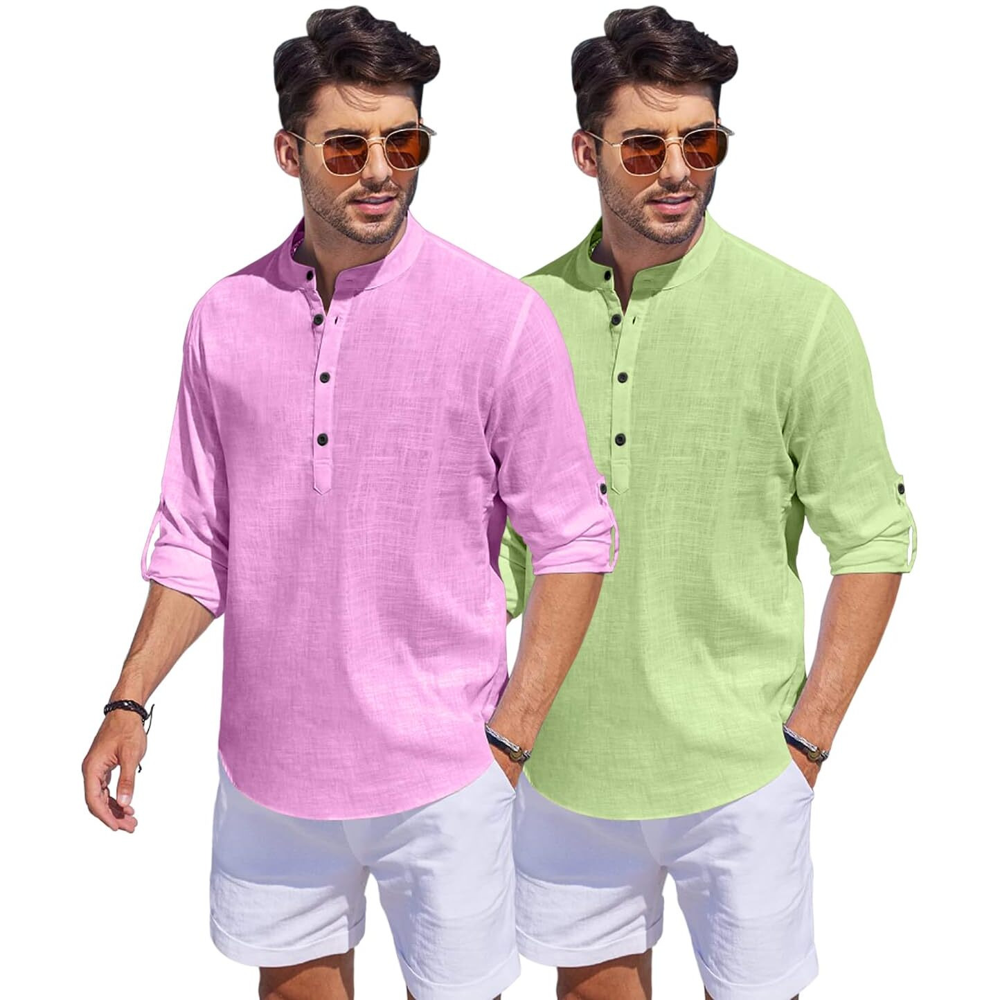 Bellstone Men's Cotton Blend Solid Regular Dress Shirt (Kurta1500_Combo_L Pink & L Green_L Light