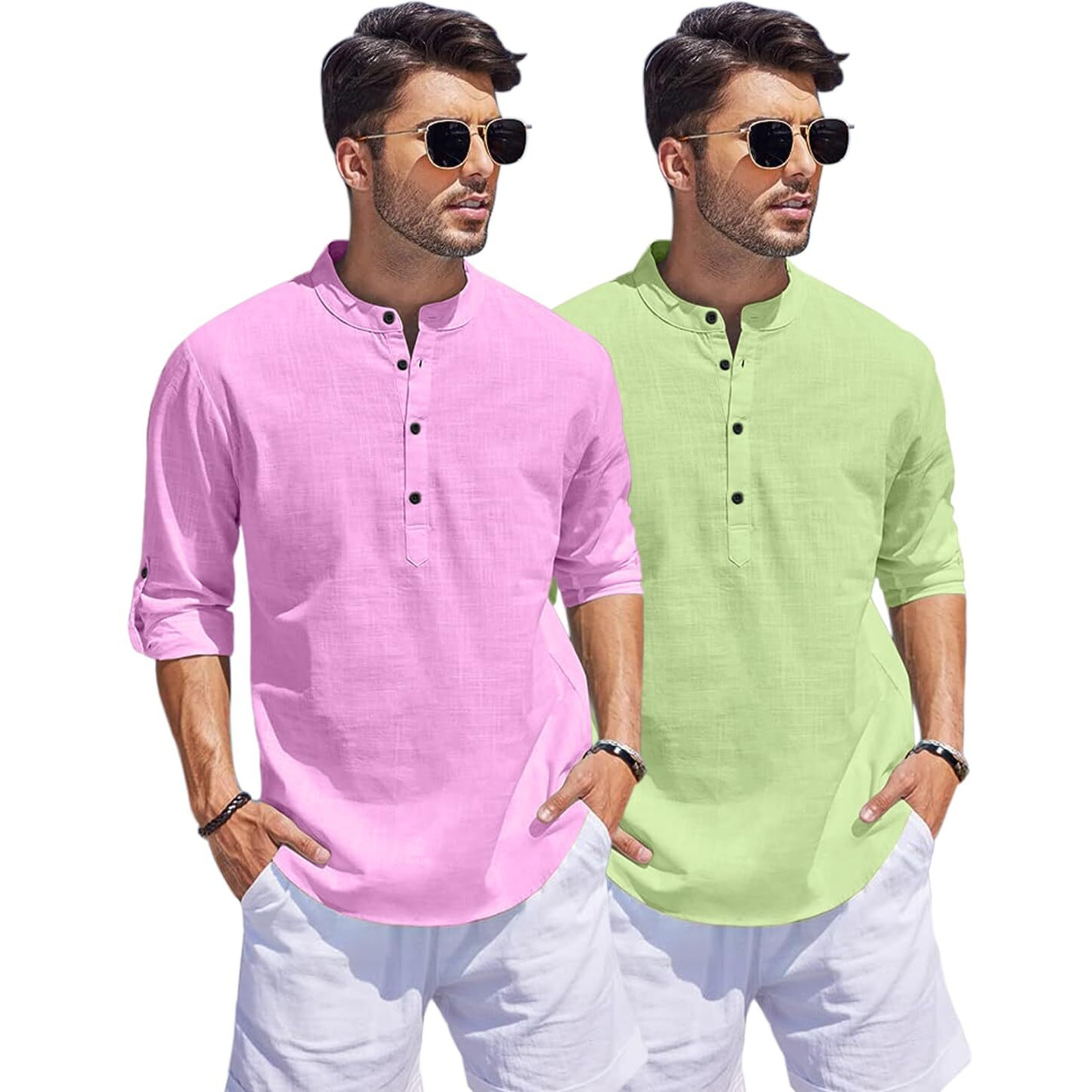 Bellstone Men's Cotton Blend Solid Regular Dress Shirt (Kurta1500_Combo_L Pink & L Green_L Light
