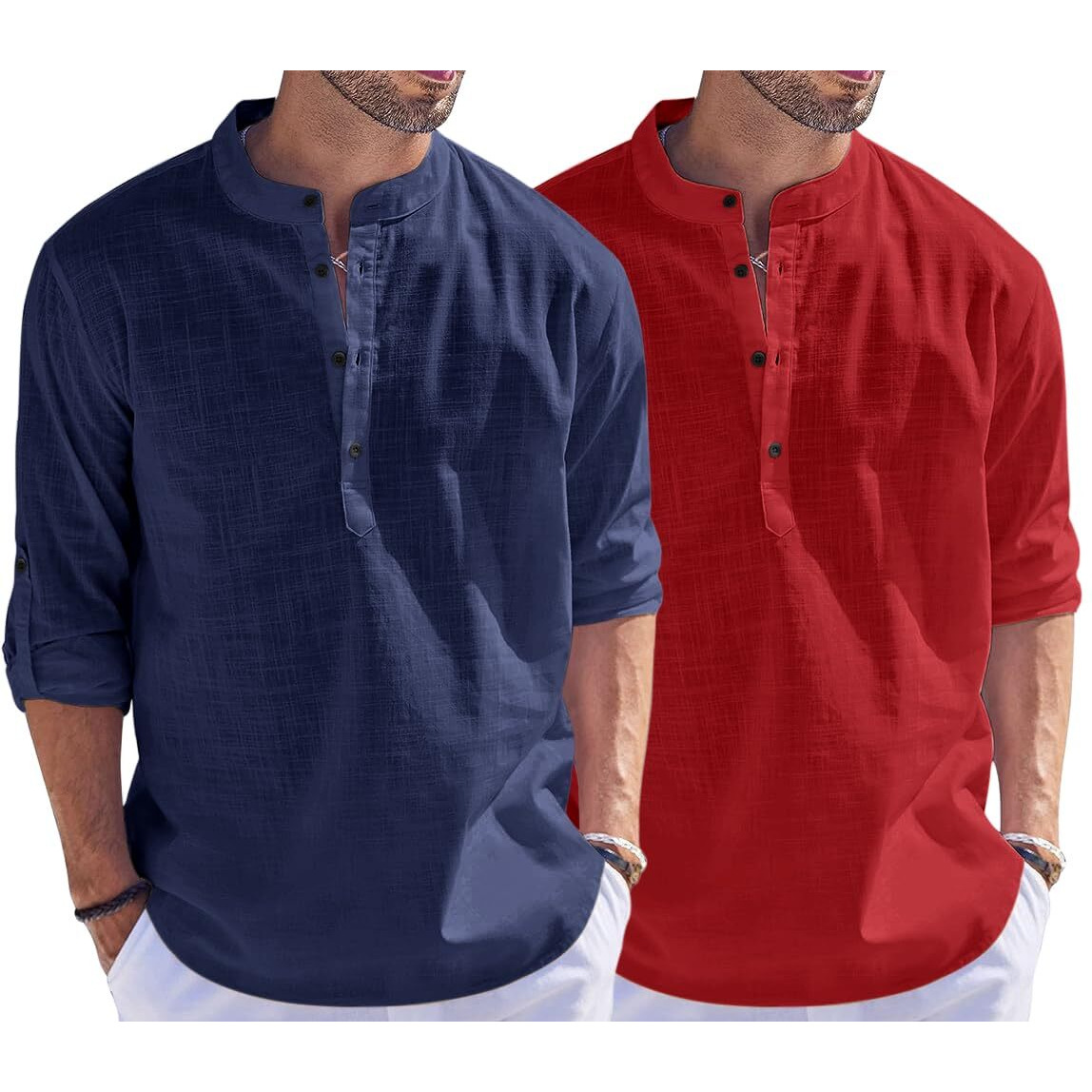 Bellstone Men's Cotton Blend Solid Regular Fit Dress Shirt (Kurta1500_Combo_Navy & Maroon_S