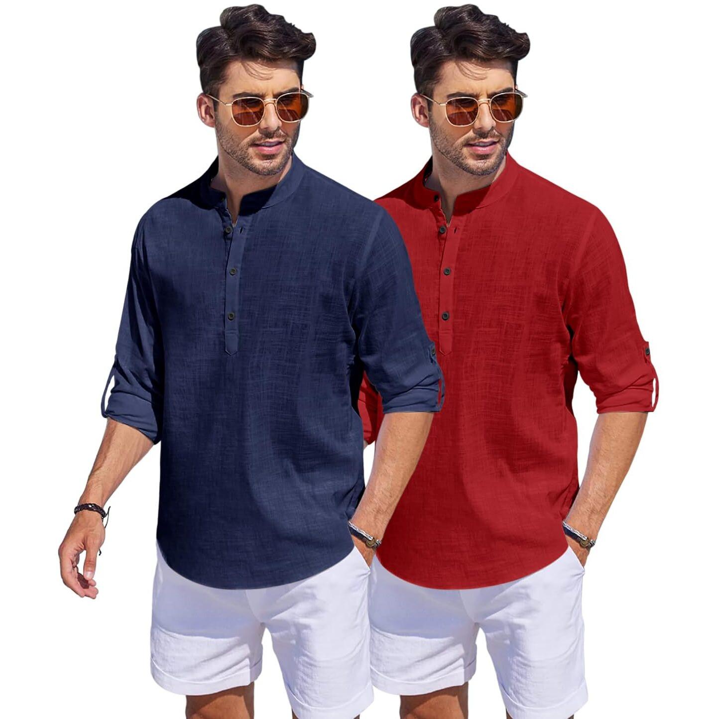 Bellstone Men's Cotton Blend Solid Regular Fit Dress Shirt (Kurta1500_Combo_Navy & Maroon_M