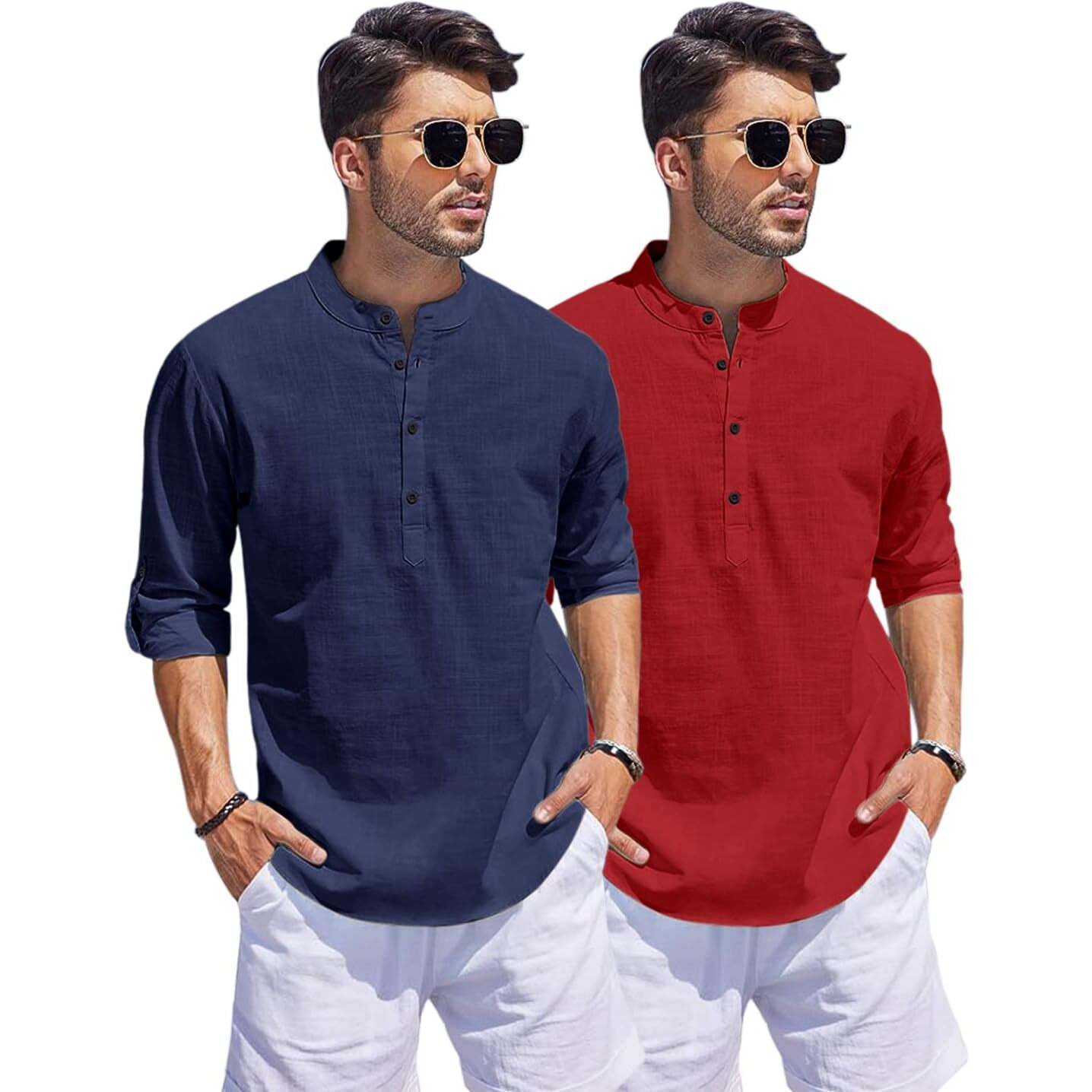 Bellstone Men's Cotton Blend Solid Regular Dress Shirt (Kurta1500_Combo_Navy & Maroon_L