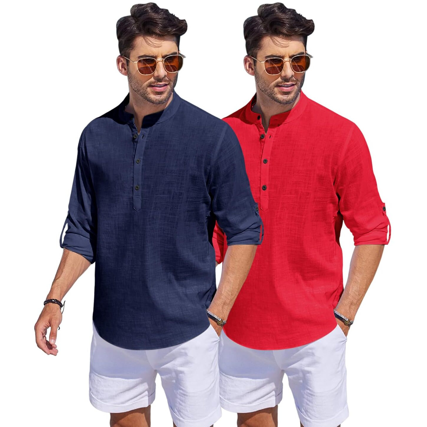 Bellstone Men's Cotton Blend Solid Regular Fit Dress Shirt (Kurta1500_Combo_Navy & Red_M