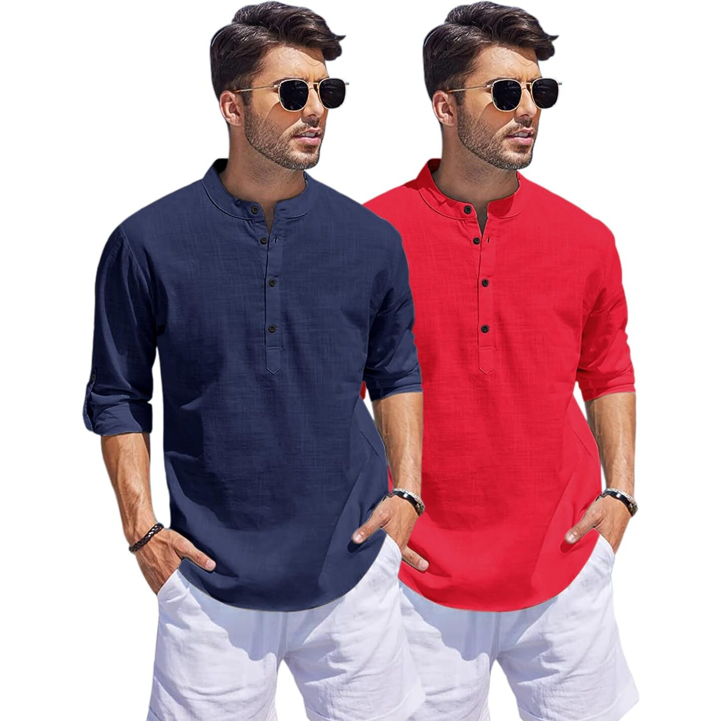 Bellstone Men's Cotton Blend Solid Regular Fit Dress Shirt (Kurta1500_Combo_Navy & Red_M