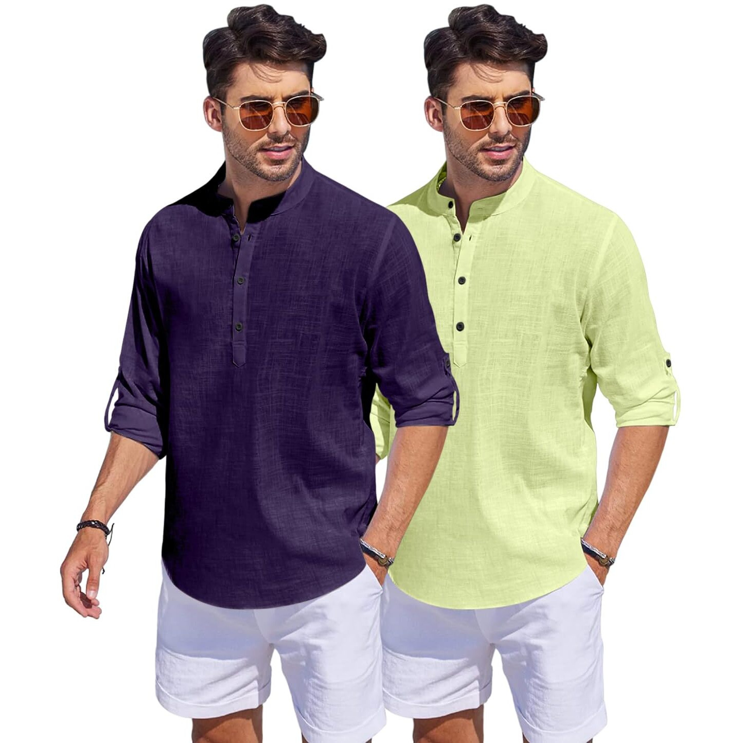 Bellstone Men's Cotton Blend Solid Regular Dress Shirt (Kurta1500_Combo_Purple & L Yellow_L Light