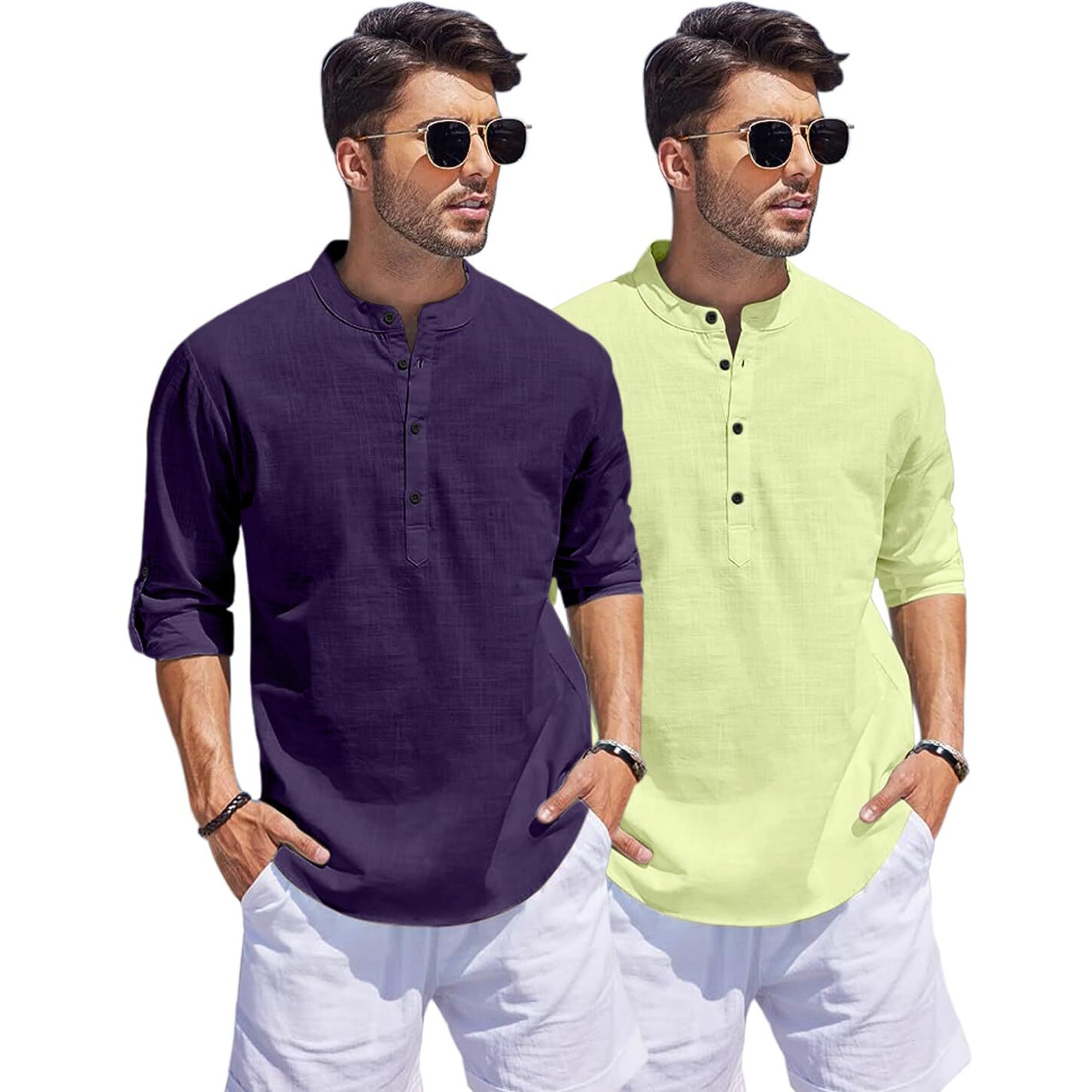 Bellstone Men's Cotton Blend Solid Regular Fit Dress Shirt (Kurta1500_Combo_Purple & L Yellow_Xl Light