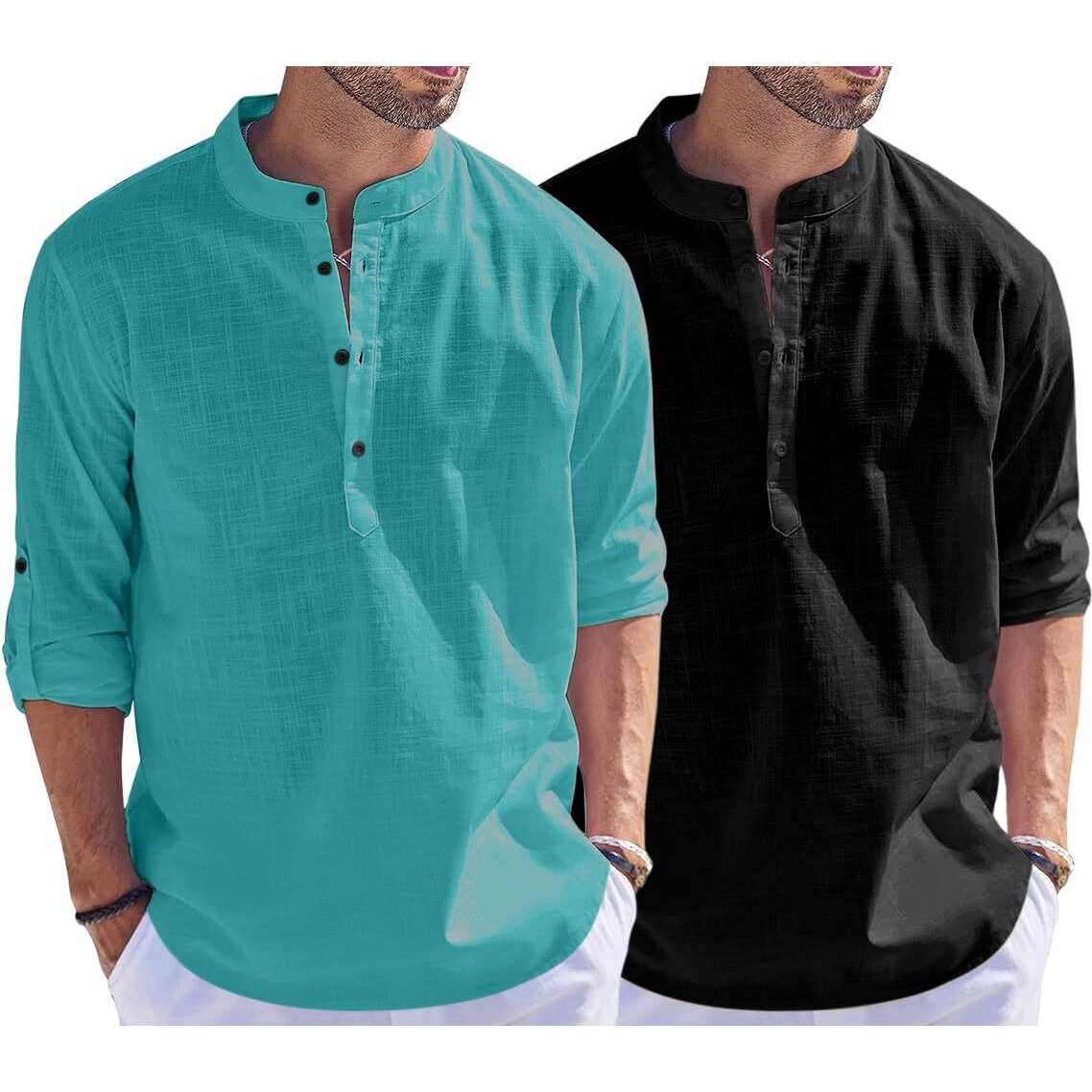 Bellstone Men's Cotton Blend Solid Regular Fit Dress Shirt (Kurta1500_Combo_Rama & Black_M