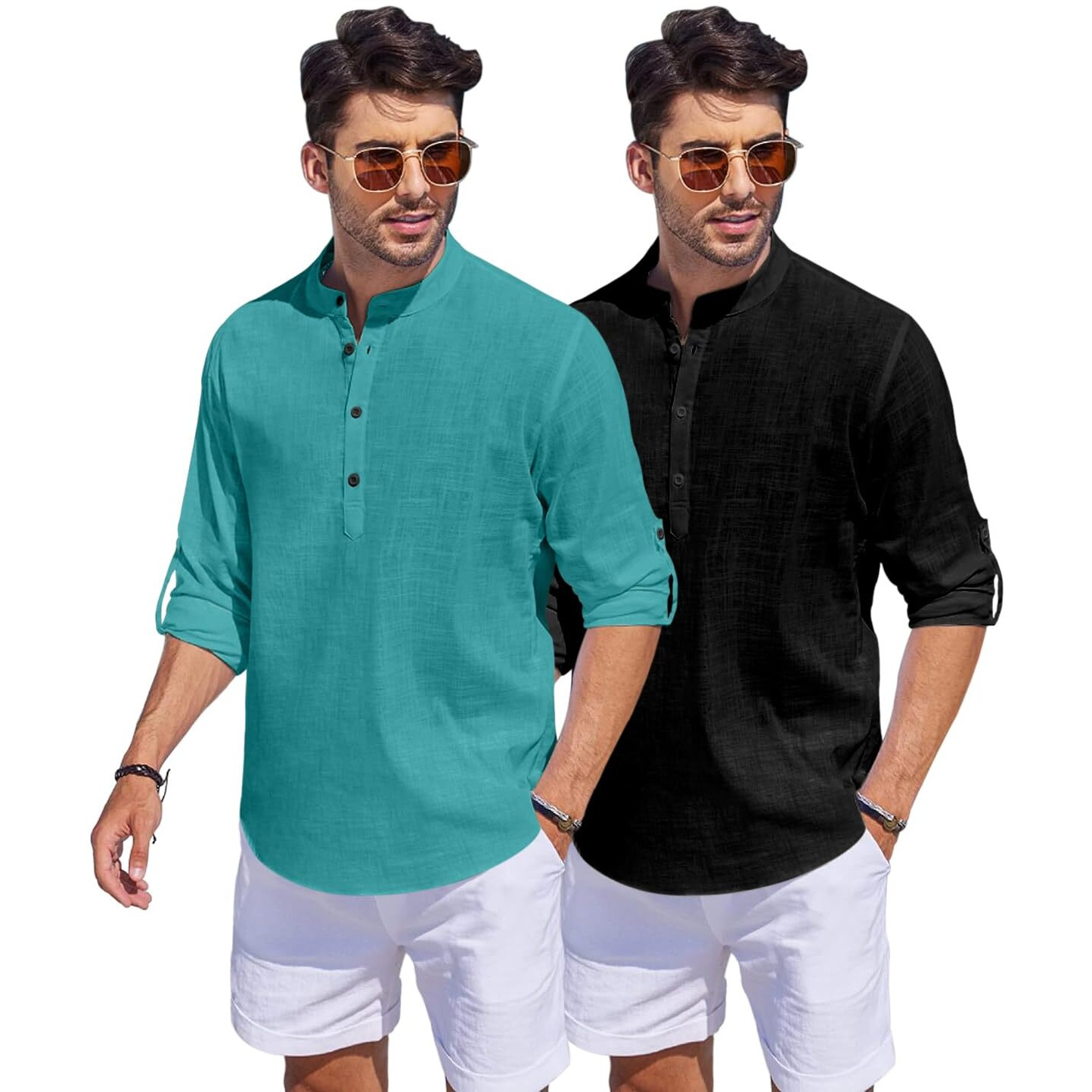 Bellstone Men's Cotton Blend Solid Regular Fit Dress Shirt (Kurta1500_Combo_Rama & Black_M