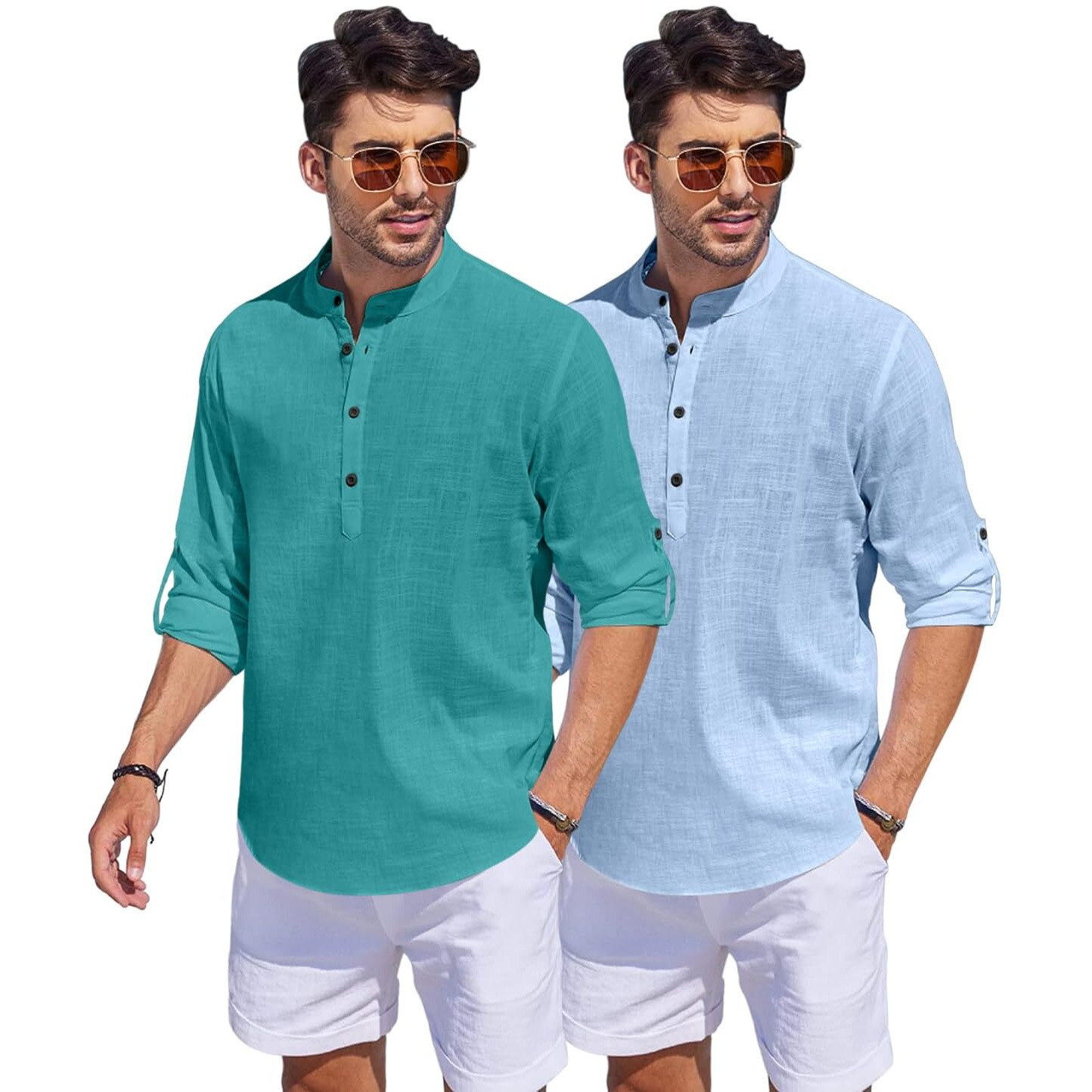 Bellstone Men's Cotton Blend Solid Regular Dress Shirt (Kurta1500_Combo_Rama & Sky_S