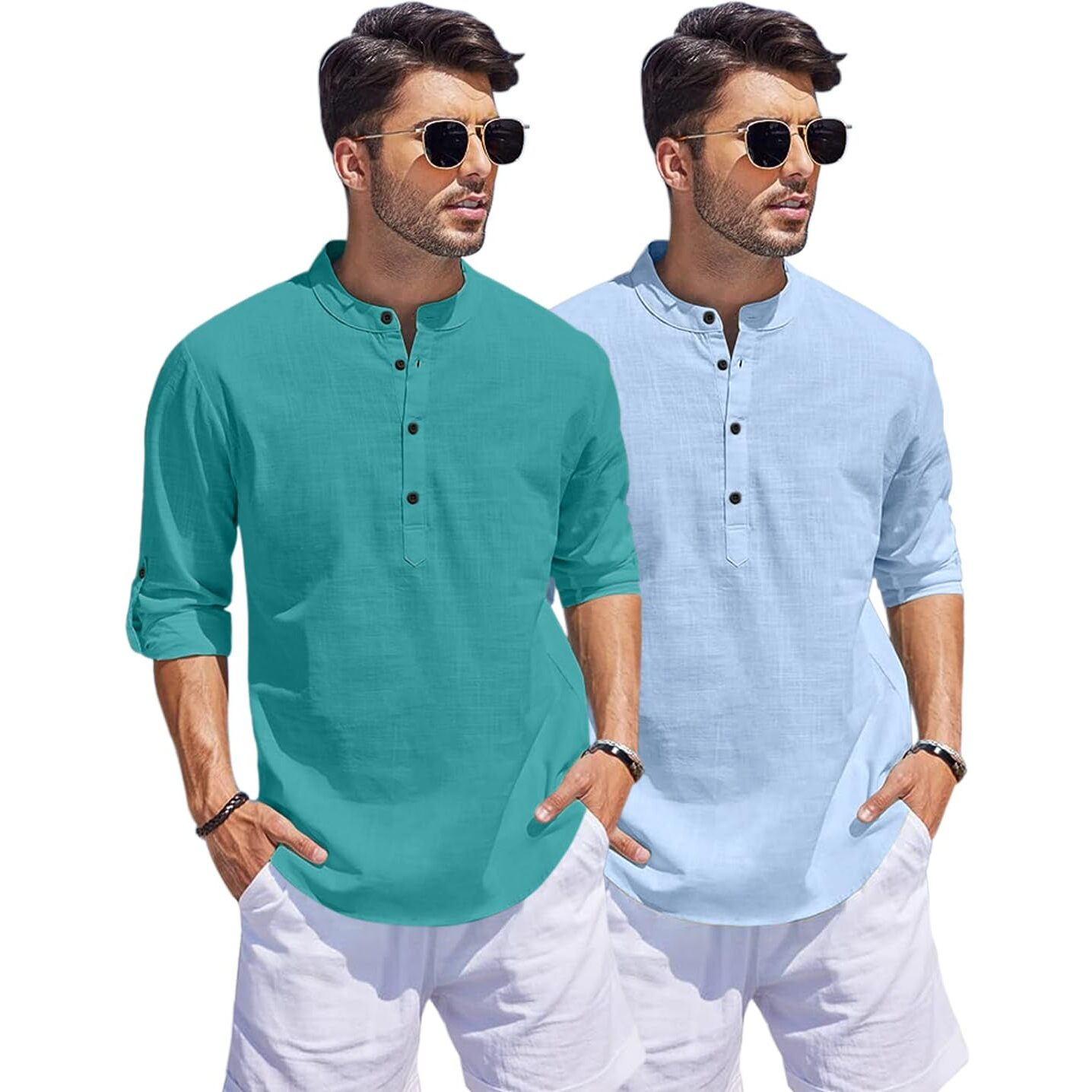Bellstone Men's Cotton Blend Solid Regular Dress Shirt (Kurta1500_Combo_Rama & Sky_S