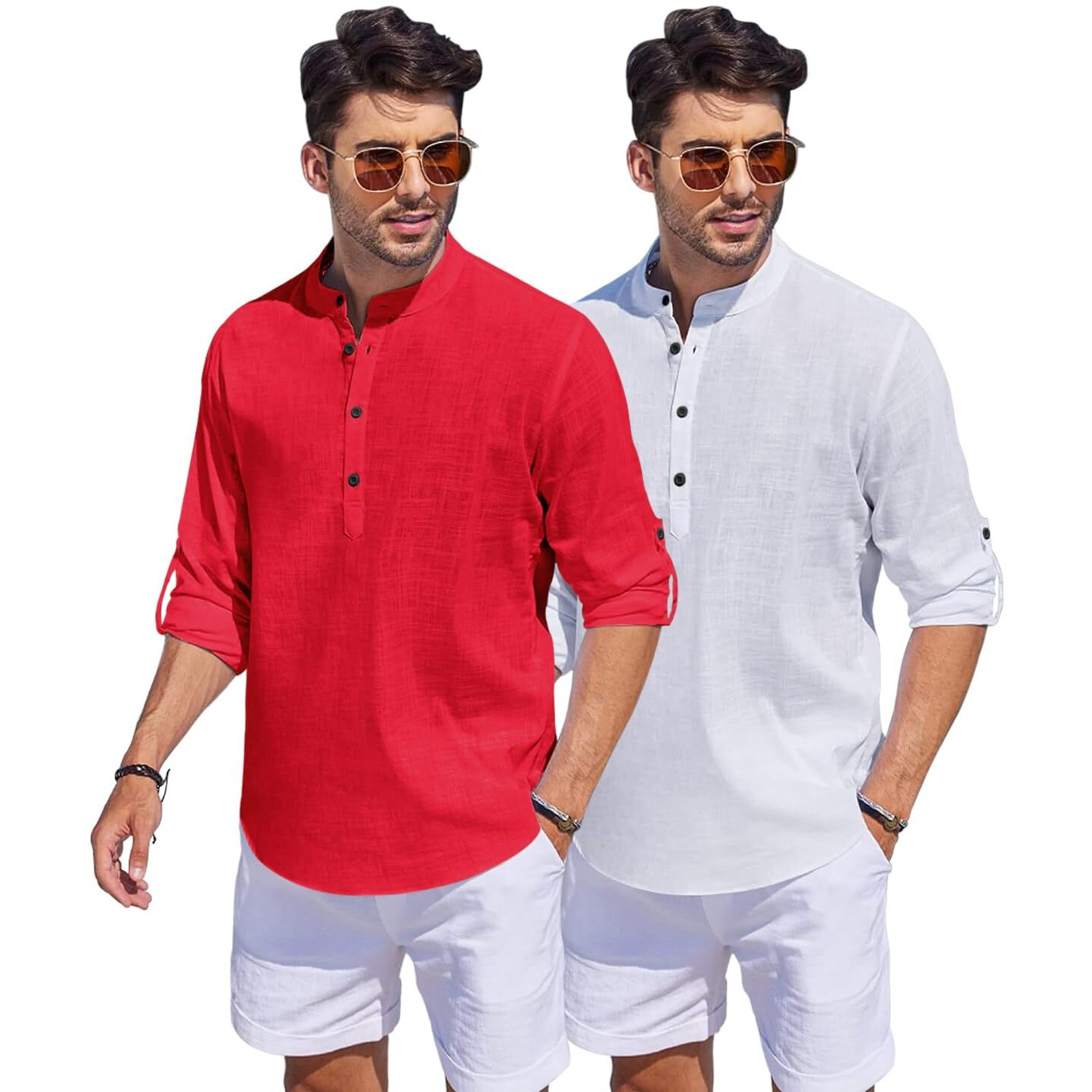 Bellstone Men's Cotton Blend Solid Regular Dress Shirt (Kurta1500_Combo_Red & White_L