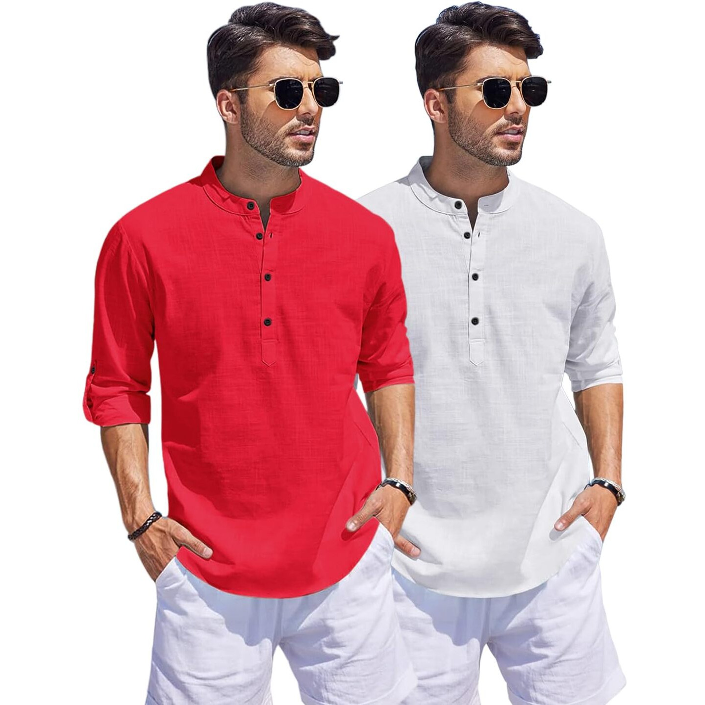 Bellstone Men's Cotton Blend Solid Regular Dress Shirt (Kurta1500_Combo_Red & White_L