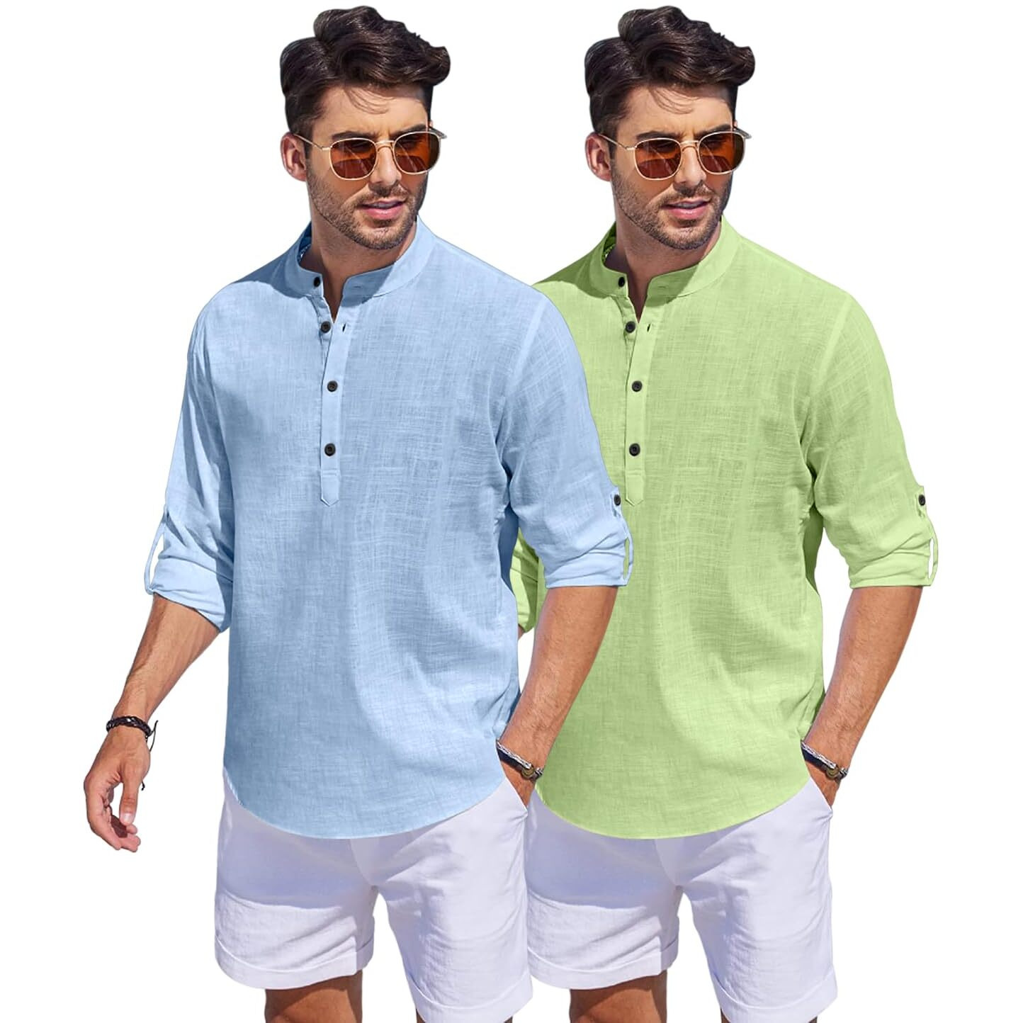 Bellstone Men's Cotton Blend Solid Regular Fit Dress Shirt (Kurta1500_Combo_Sky & L Green_L Light