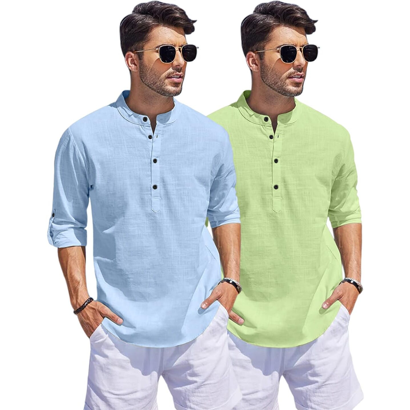 Bellstone Men's Cotton Blend Solid Regular Fit Dress Shirt (Kurta1500_Combo_Sky & L Green_L Light