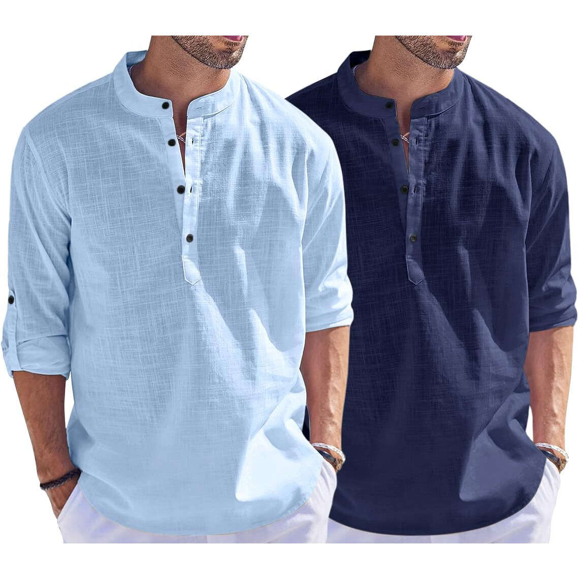 Bellstone Men's Cotton Blend Solid Regular Fit Dress Shirt (Kurta1500_Combo_Sky & Navy_S