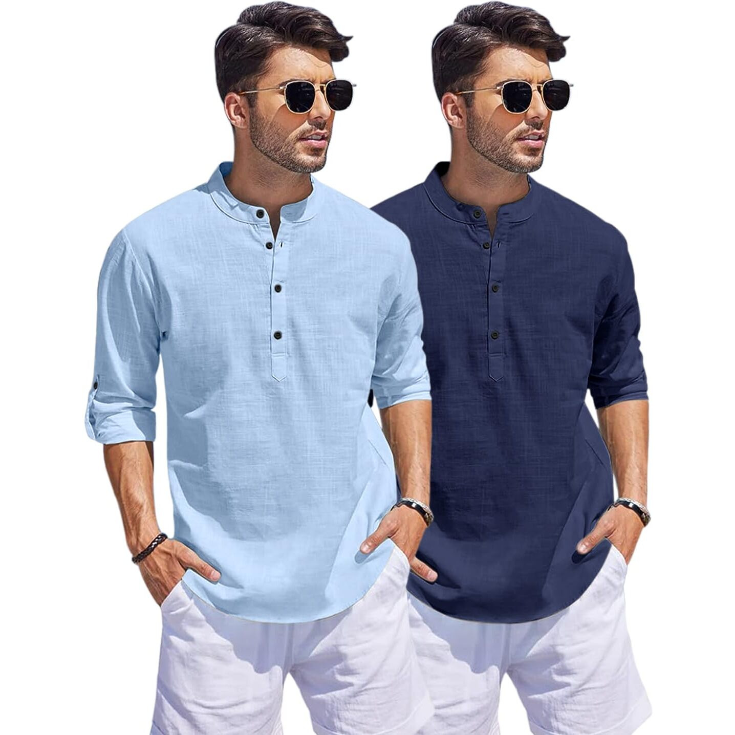 Bellstone Men's Cotton Blend Solid Regular Fit Dress Shirt (Kurta1500_Combo_Sky & Navy_S