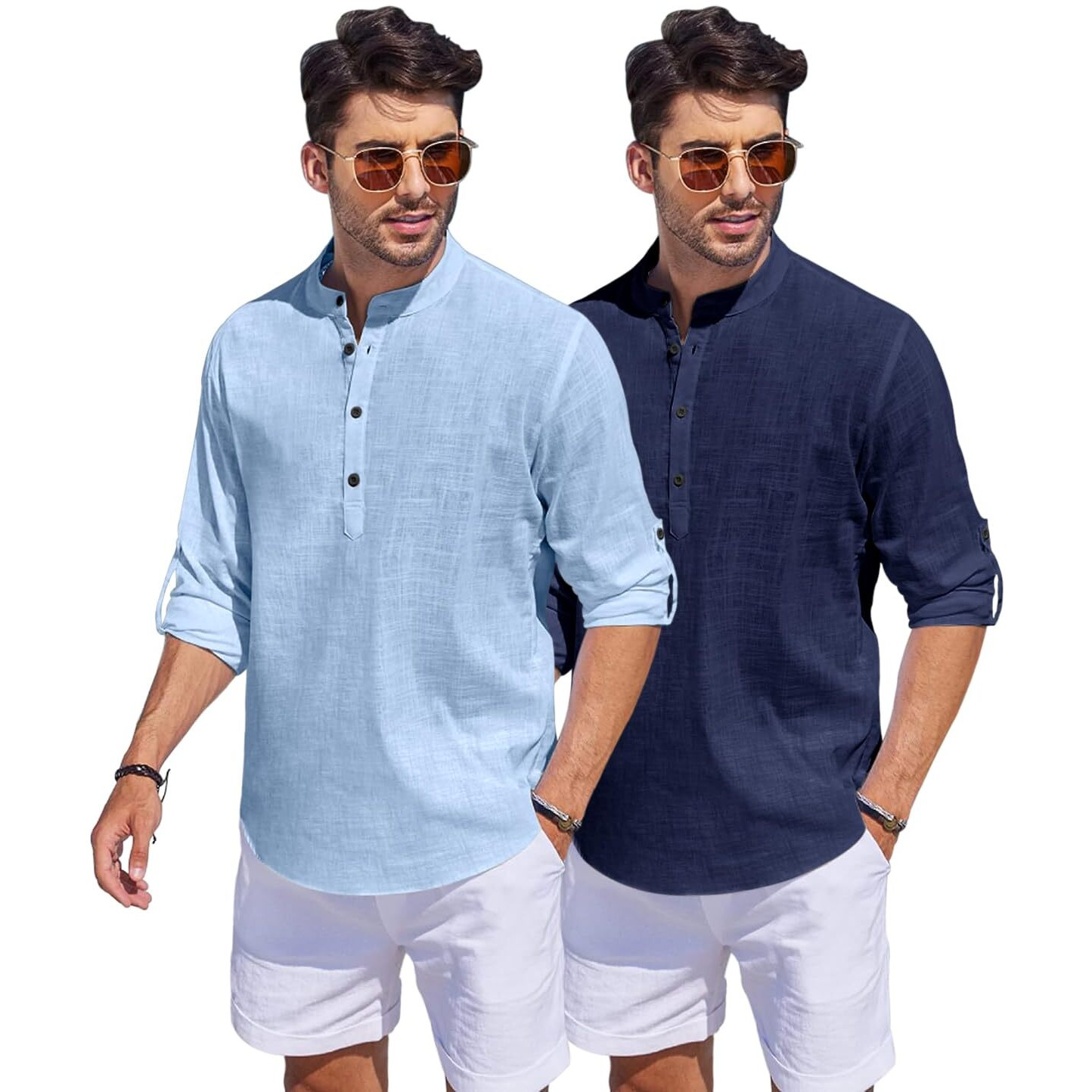 Bellstone Men's Cotton Blend Solid Regular Dress Shirt (Kurta1500_Combo_Sky & Navy_L