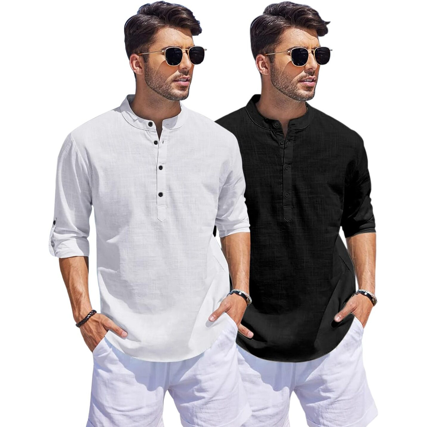 Bellstone Men's Cotton Blend Solid Regular Dress Shirt (Kurta1500_Combo_White & Black_L