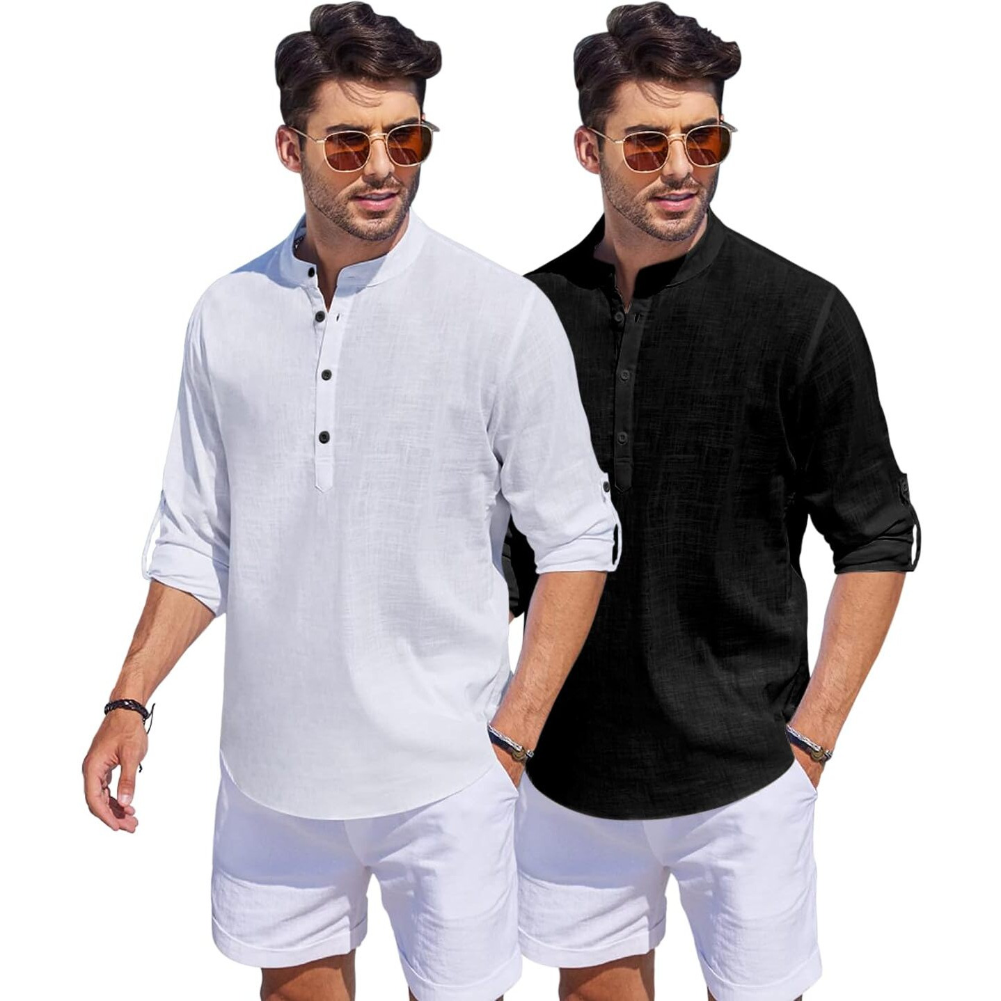 Bellstone Men's Cotton Blend Solid Regular Dress Shirt (Kurta1500_Combo_White & Black_Xl