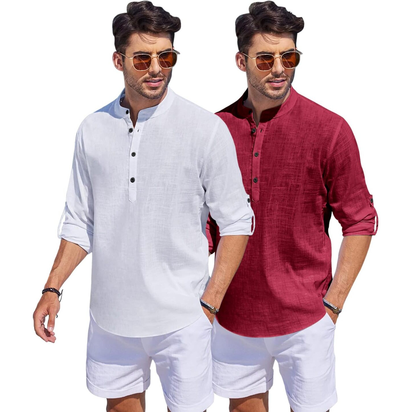 Bellstone Men's Cotton Solid Regular Fit Dress Shirt (Kurta1500_Combo_White & Burgundy_Xl)