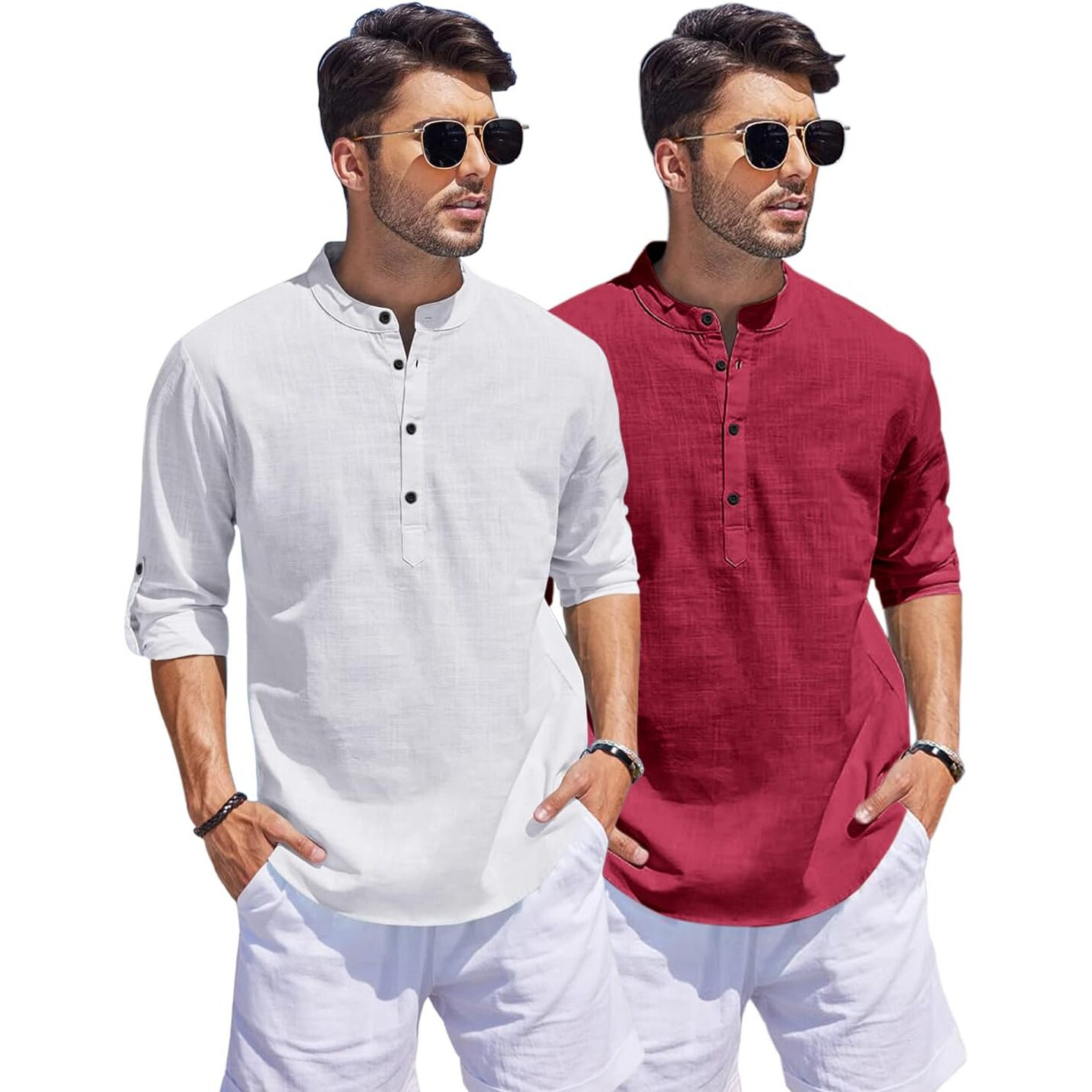 Bellstone Men's Cotton Solid Regular Fit Dress Shirt (Kurta1500_Combo_White & Burgundy_Xl)