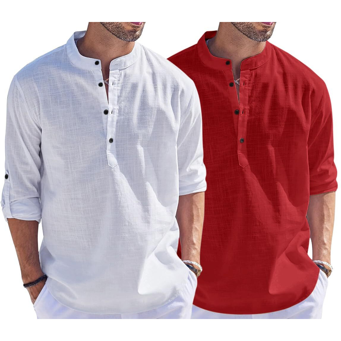 Bellstone Men's Cotton Blend Solid Regular Dress Shirt (Kurta1500_Combo_White & Maroon_M