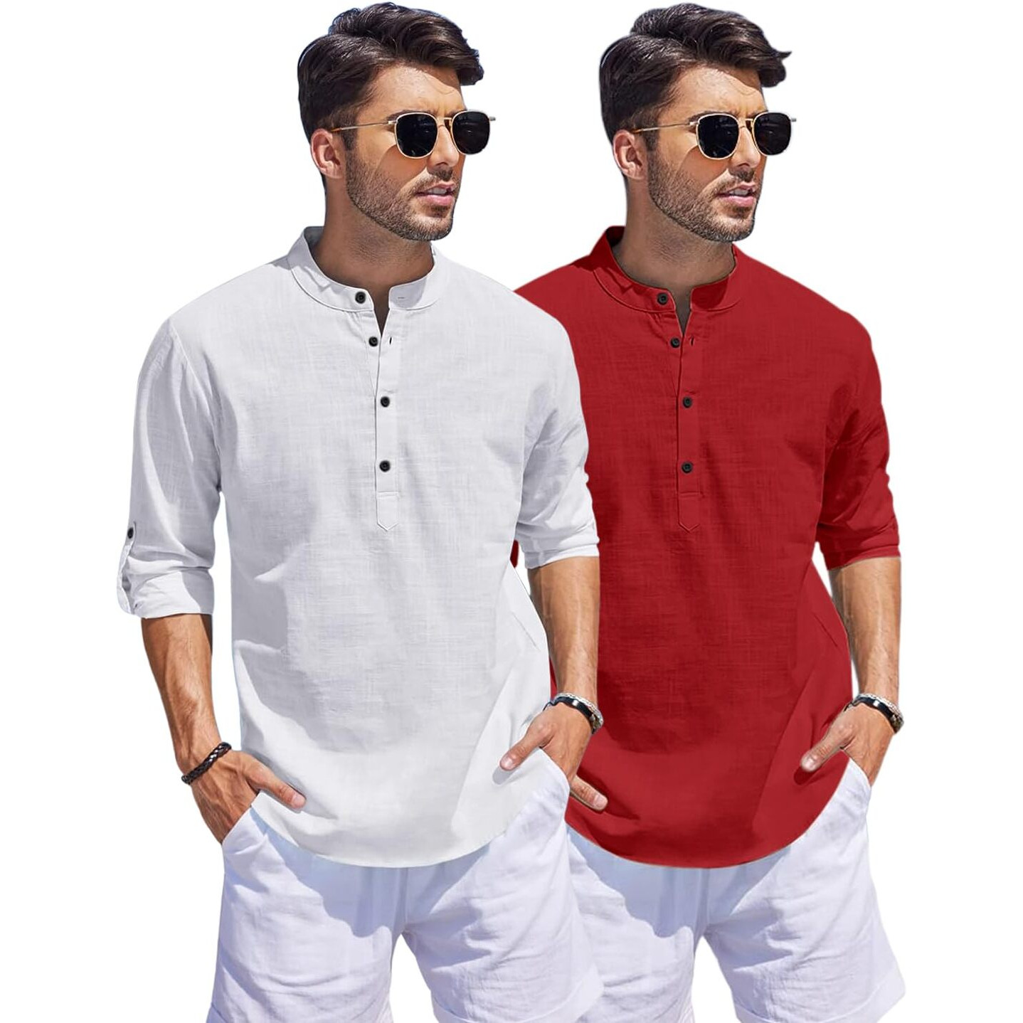 Bellstone Men's Cotton Blend Solid Regular Dress Shirt (Kurta1500_Combo_White & Maroon_M