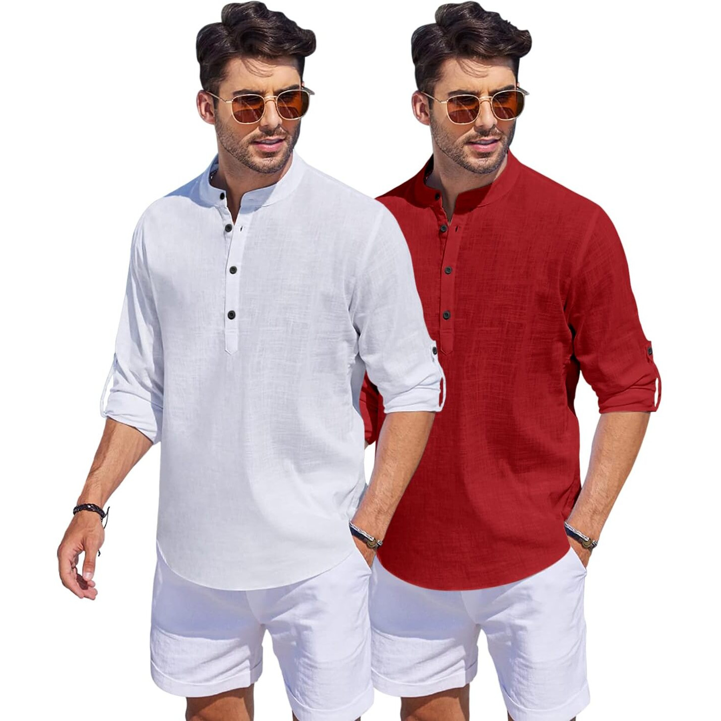 Bellstone Men's Cotton Blend Solid Regular Dress Shirt (Kurta1500_Combo_White & Maroon_Xl