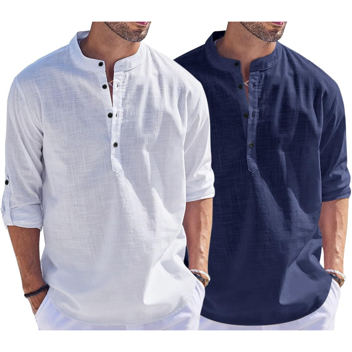 Bellstone Men's Cotton Blend Solid Regular Dress Shirt (Kurta1500_Combo_White & Navy_Xl