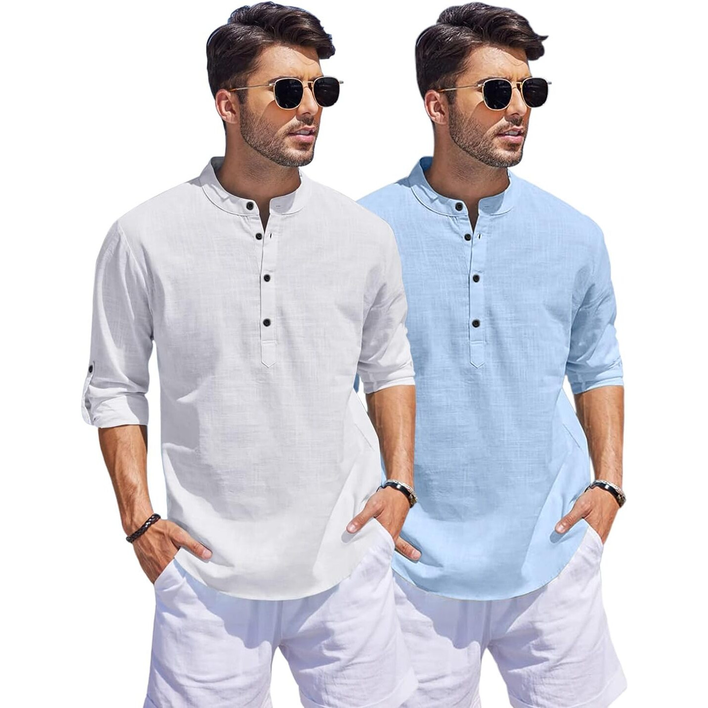 Bellstone Men's Cotton Blend Solid Regular Fit Dress Shirt (Kurta1500_Combo_White & Sky_M