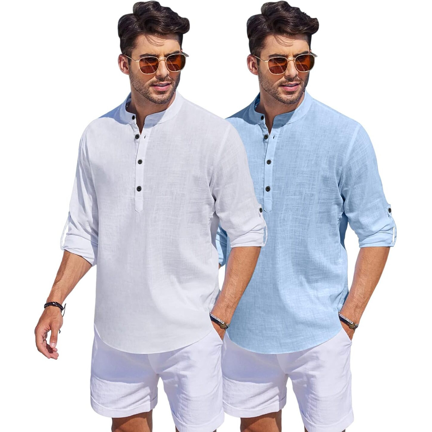 Bellstone Men's Cotton Blend Solid Regular Fit Dress Shirt (Kurta1500_Combo_White & Sky_M