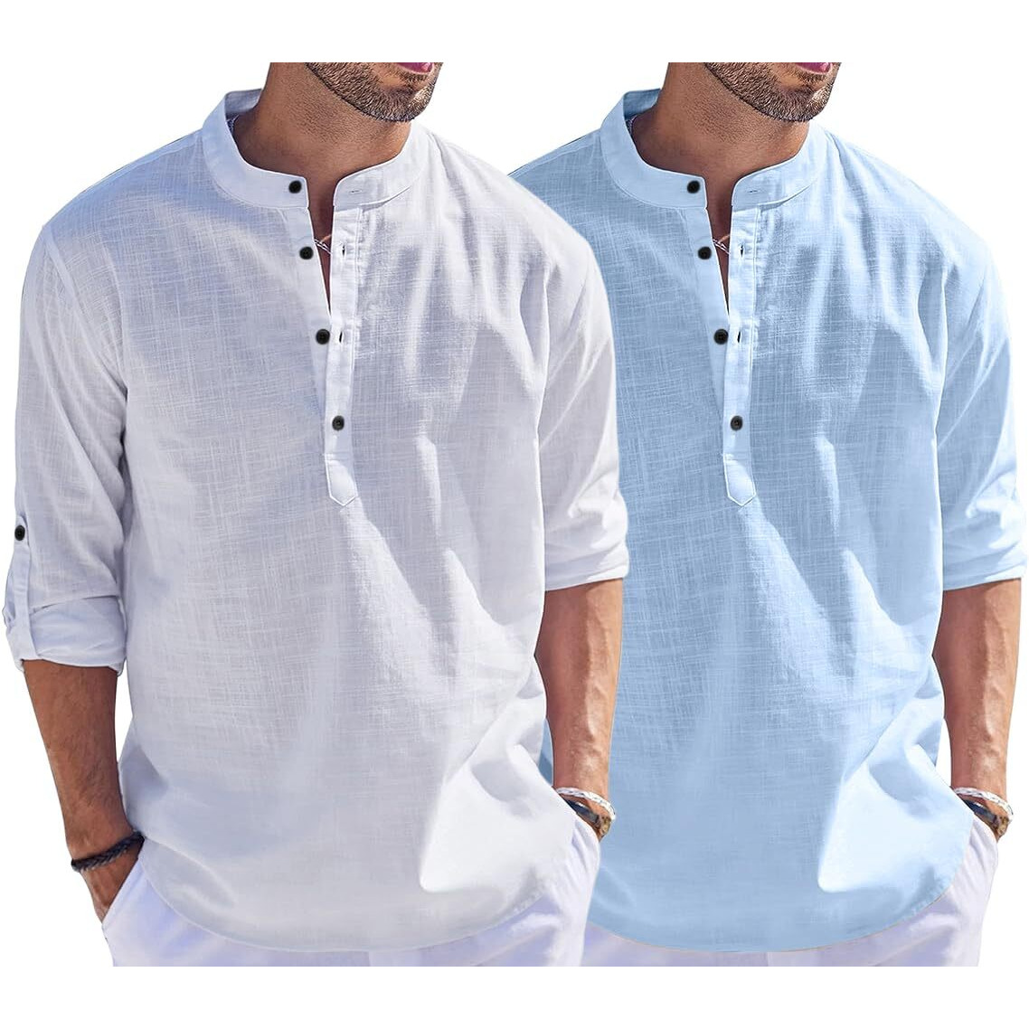 Bellstone Men's Cotton Blend Solid Regular Fit Dress Shirt (Kurta1500_Combo_White & Sky_M