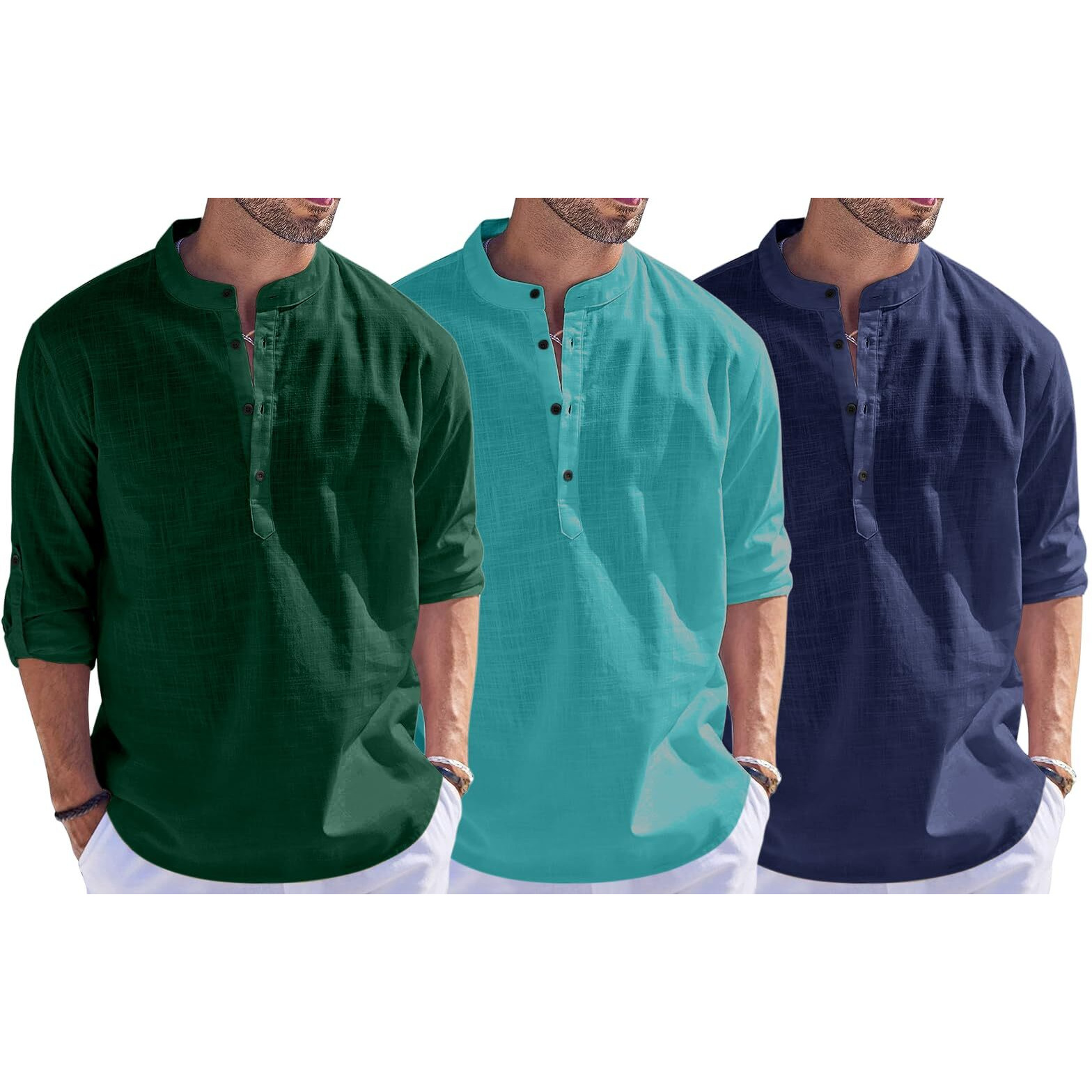 Bellstone Men's Cotton Blend Solid Regular Dress Shirt (1500_3Combo_Darkgreen-Rama-Navy_L