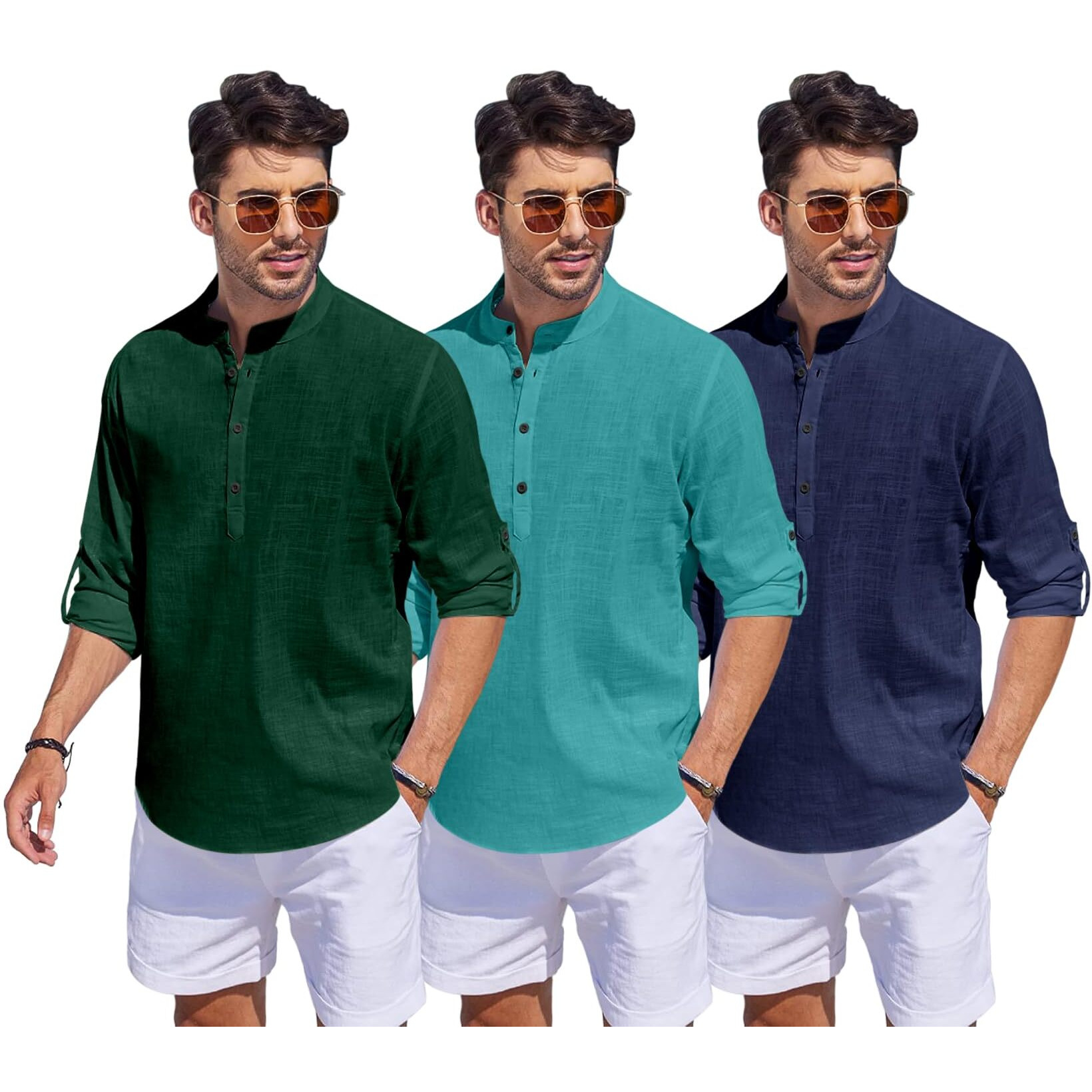 Bellstone Men's Cotton Blend Solid Regular Dress Shirt (1500_3Combo_Darkgreen-Rama-Navy_L