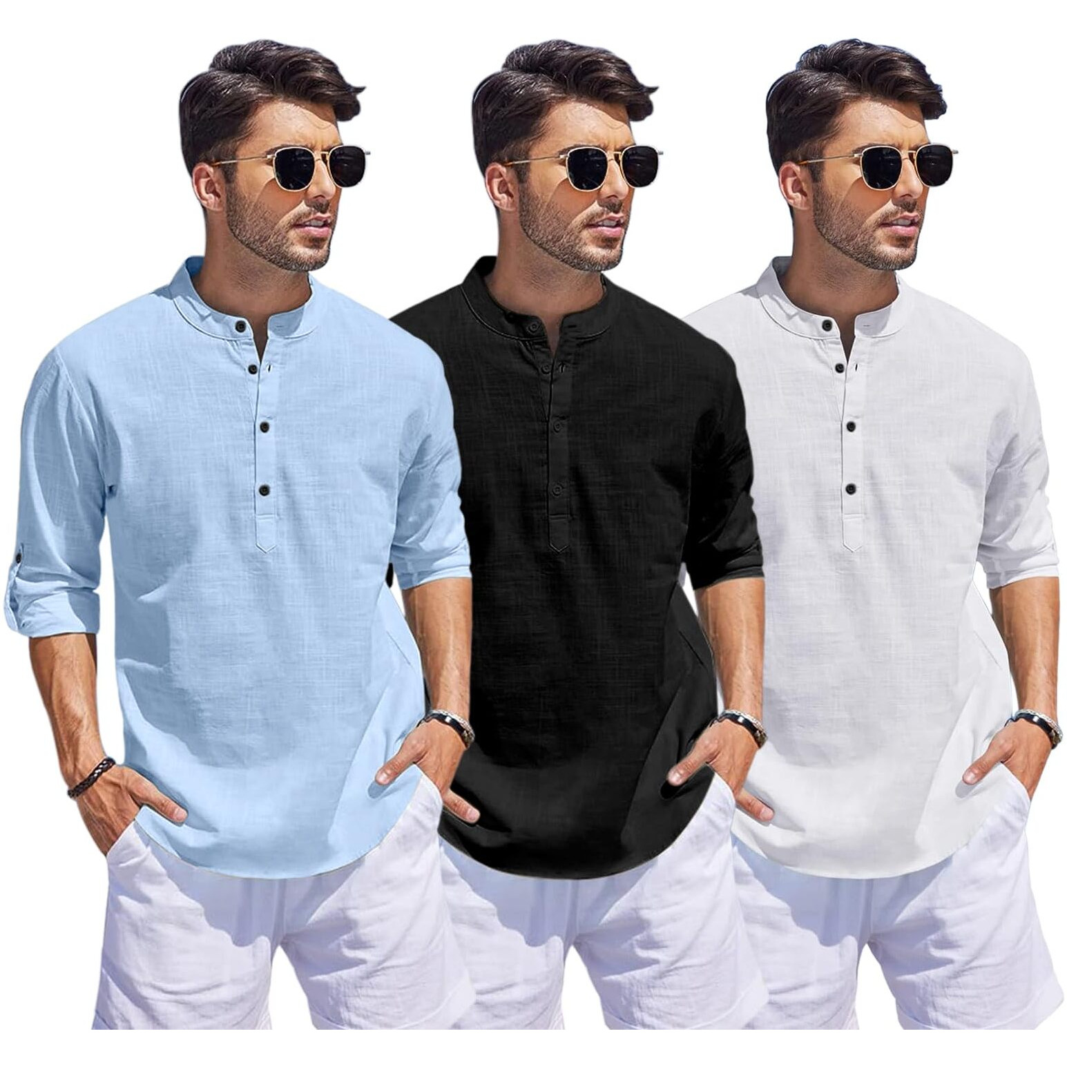 Bellstone Men's Solid Regular Fit Dress Shirt (1500_3Combo_Sky-Black-White_L