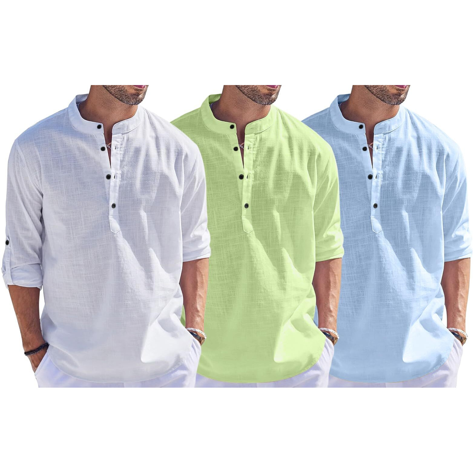 Bellstone Men's Cotton Blend Solid Regular Dress Shirt (1500_3Combo_White-Lgreen-Sky_M Lightgreen